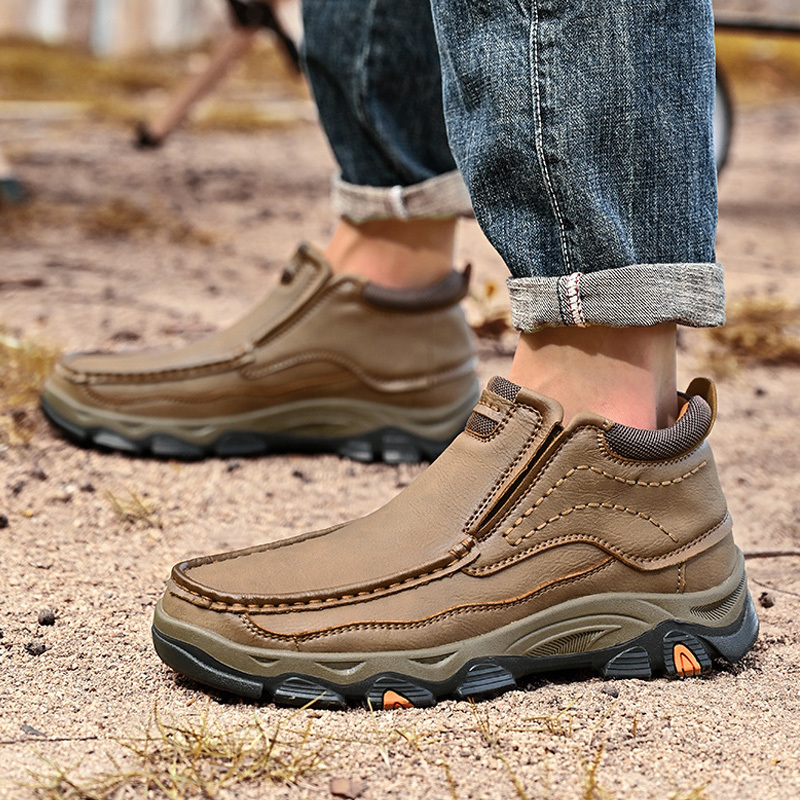 Men's Comfortable Leather Outdoor Shoes - Breathable Hiking Slip-Ons