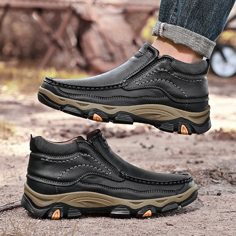 Men's Comfortable Leather Outdoor Shoes - Breathable Hiking Slip-Ons