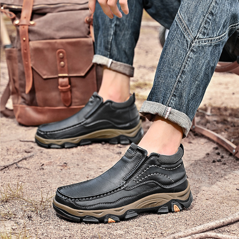Men's Comfortable Leather Outdoor Shoes - Breathable Hiking Slip-Ons