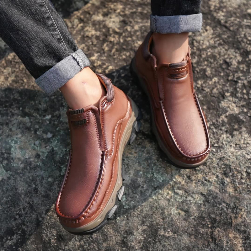 Men's Comfortable Leather Outdoor Shoes - Breathable Hiking Slip-Ons