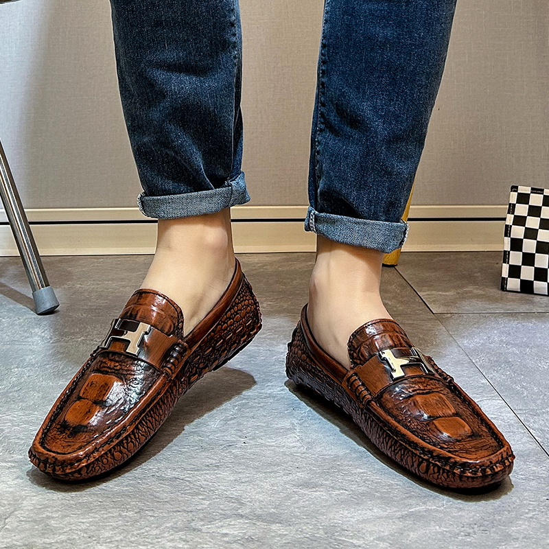 Men's Croc-Embossed Loafers Comfortable and Breathable Driving Shoes