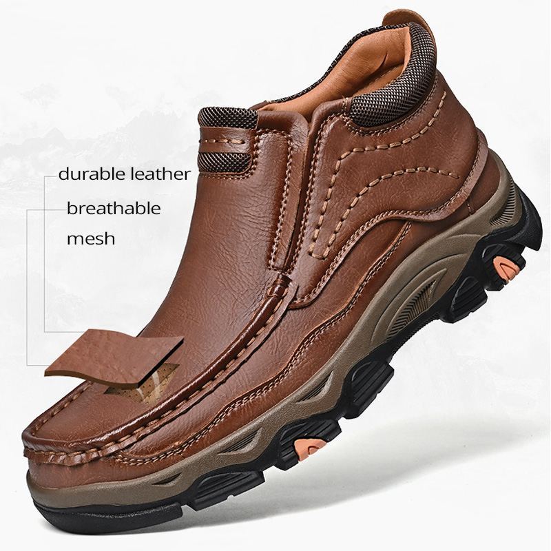 Men's Comfortable Leather Outdoor Shoes - Breathable Hiking Slip-Ons