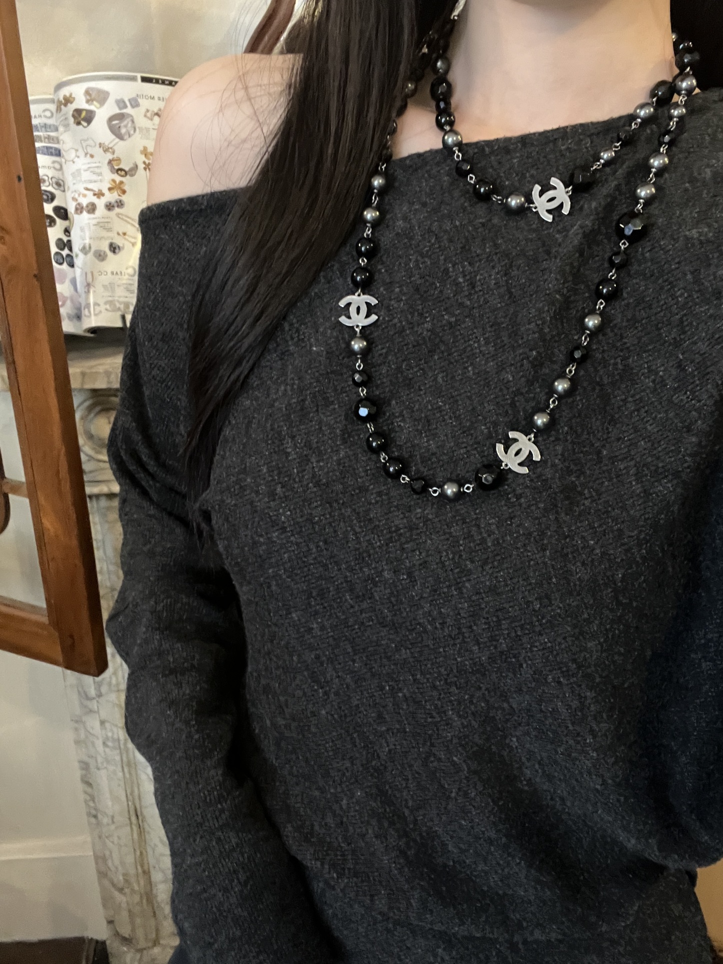C Black pearl long necklace