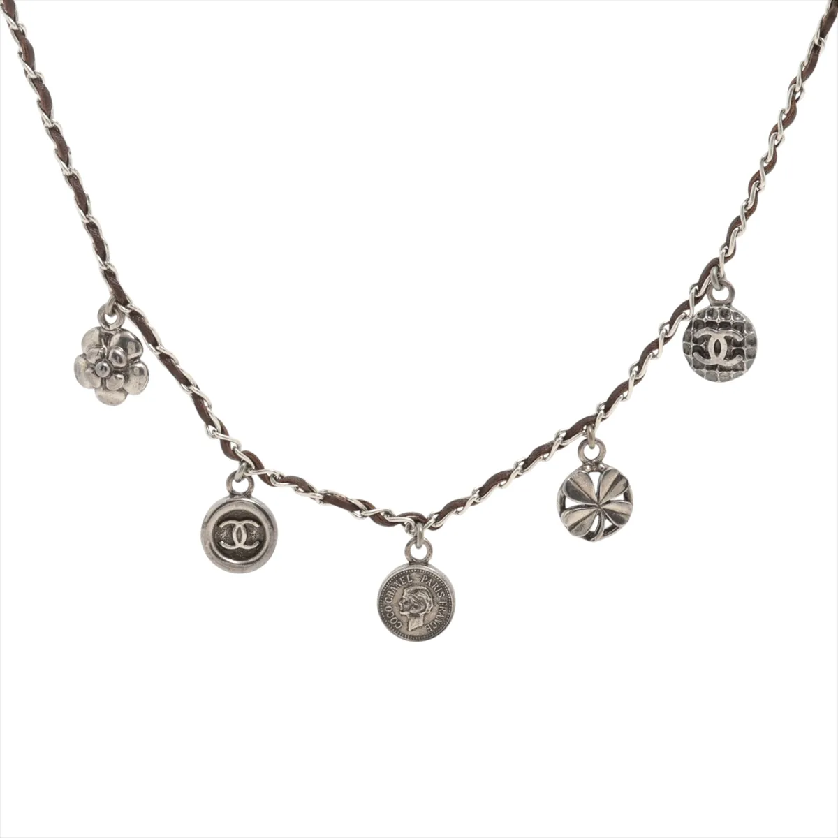 C Black silver leather coin necklace