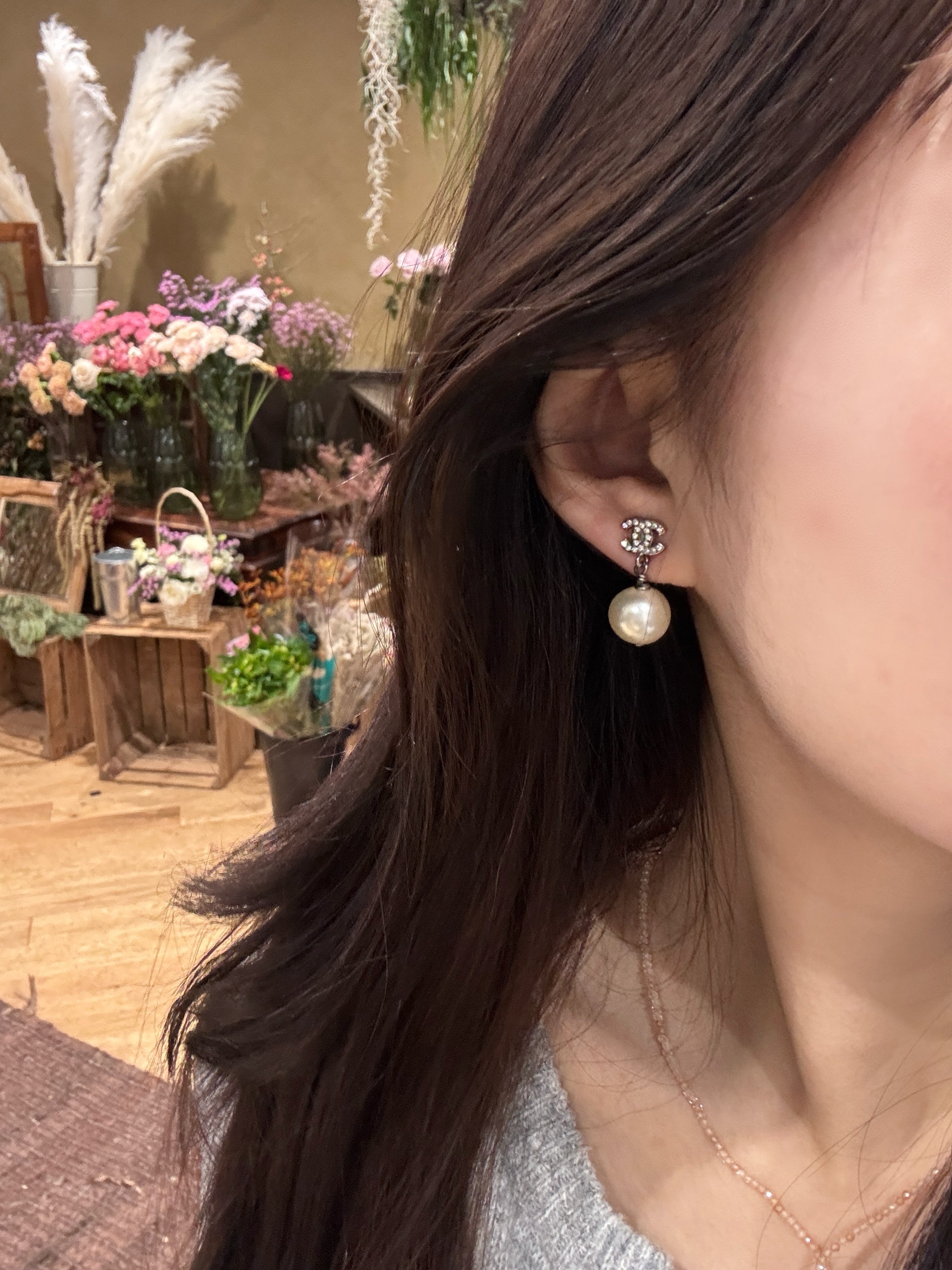 C Double C full diamond pearl pendant earrings