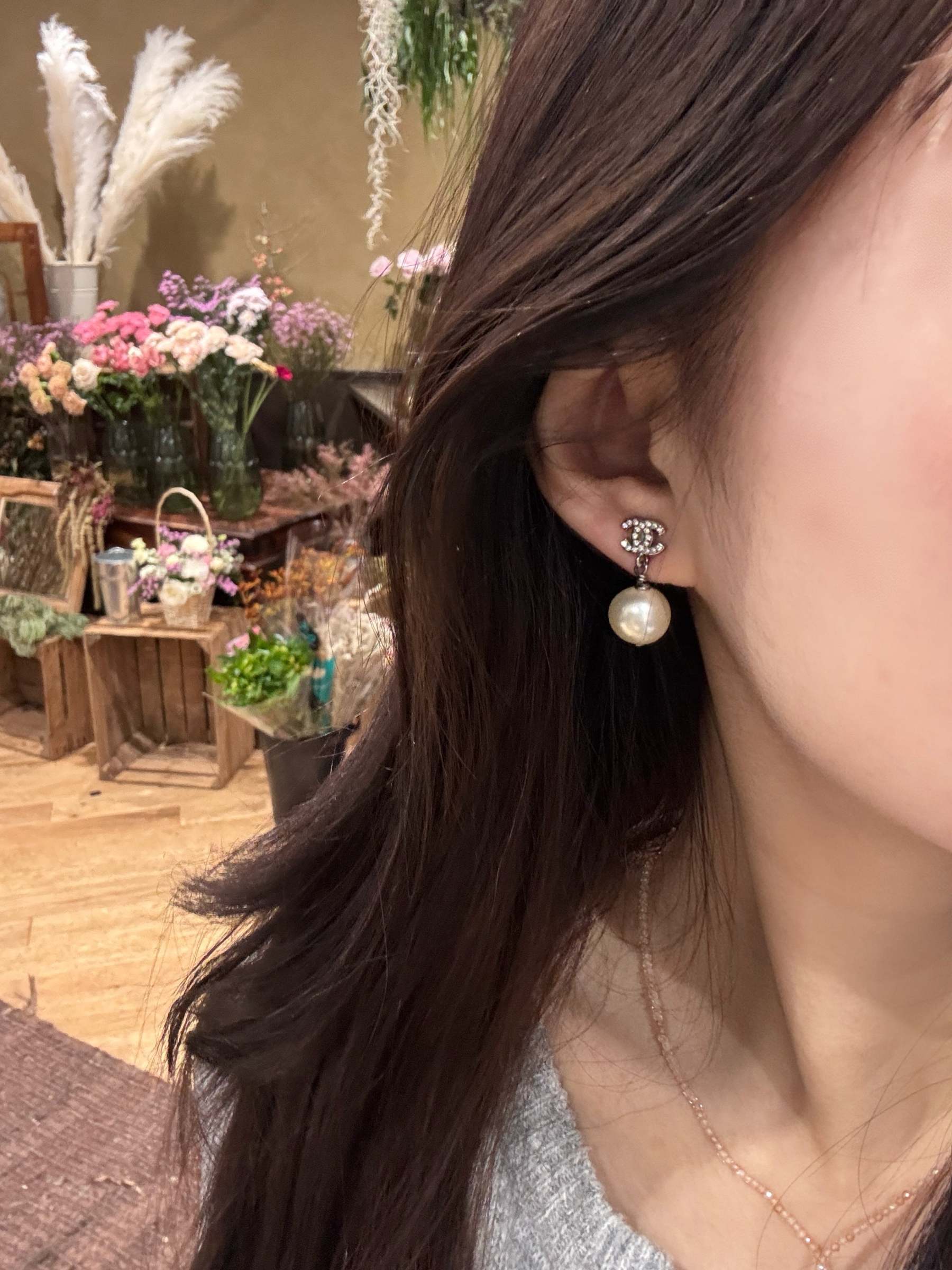 C Double C full diamond pearl pendant earrings