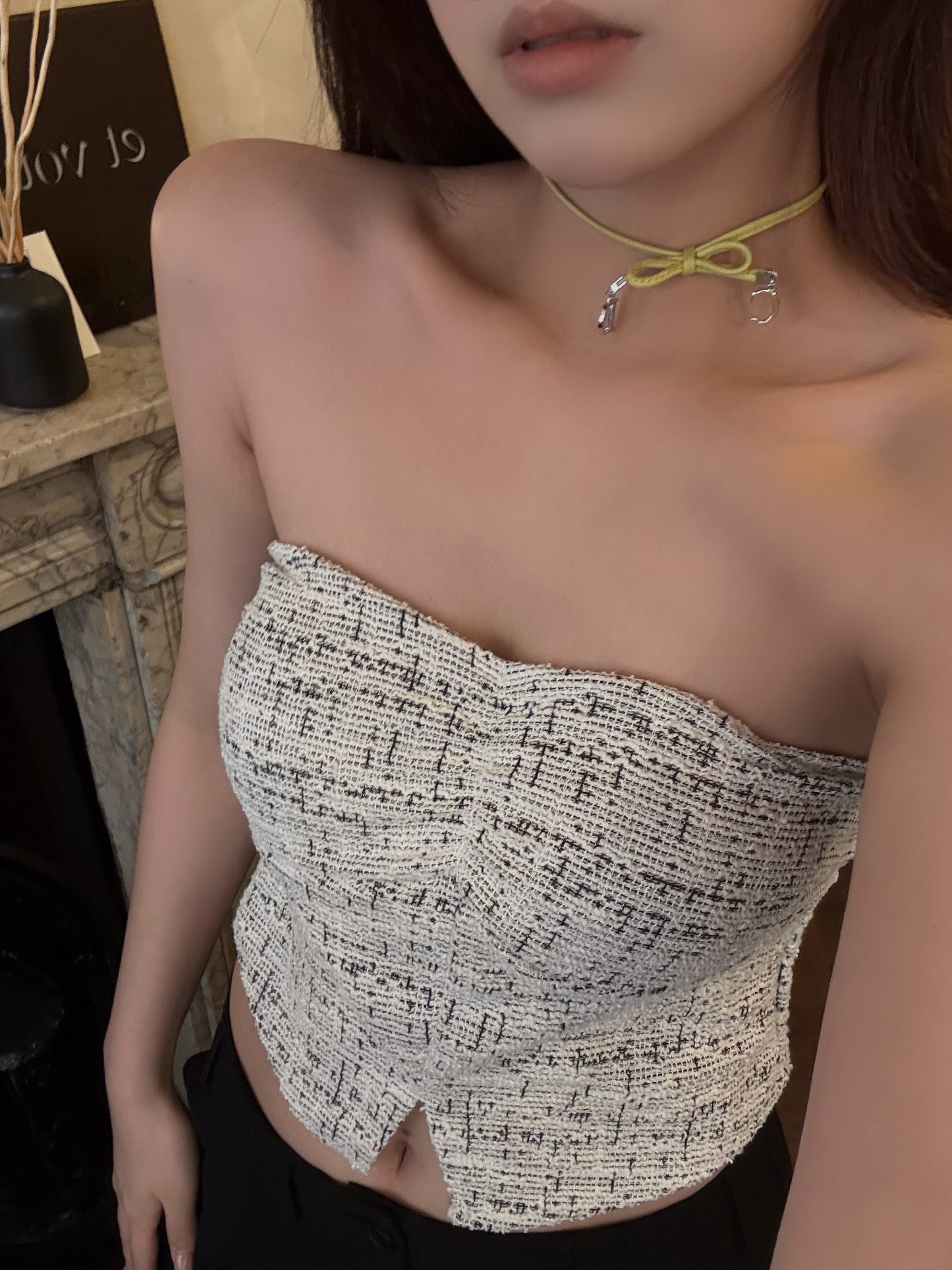 D Yellow leather bow necklace