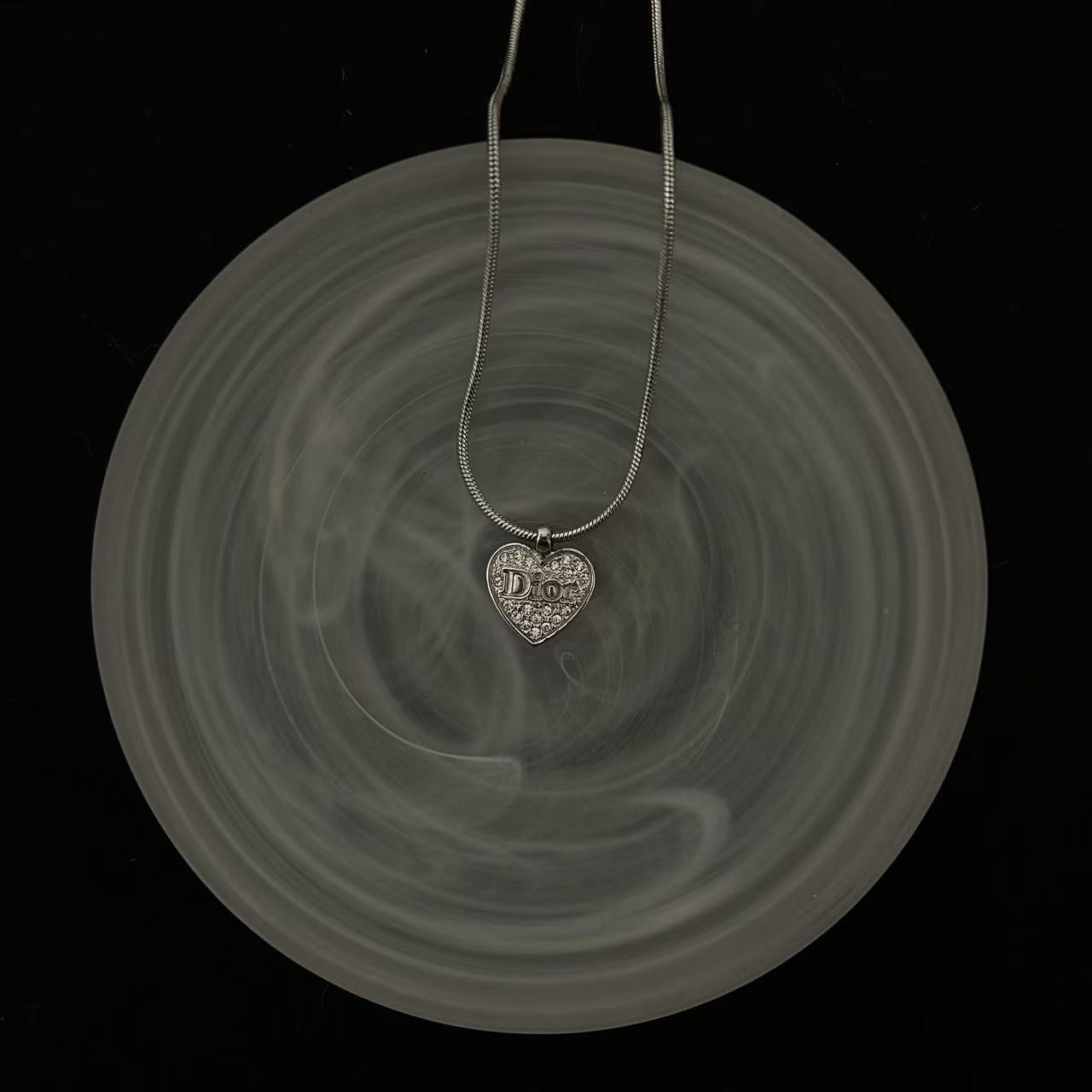 D Heart Pendant Snake Chain Necklace with Dazzling Diamond Accents