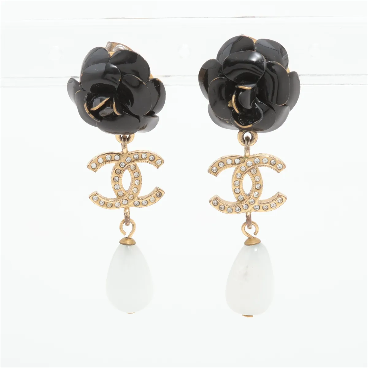 C Camellia Double C Full-Diamond Pearl Pendant Earrings