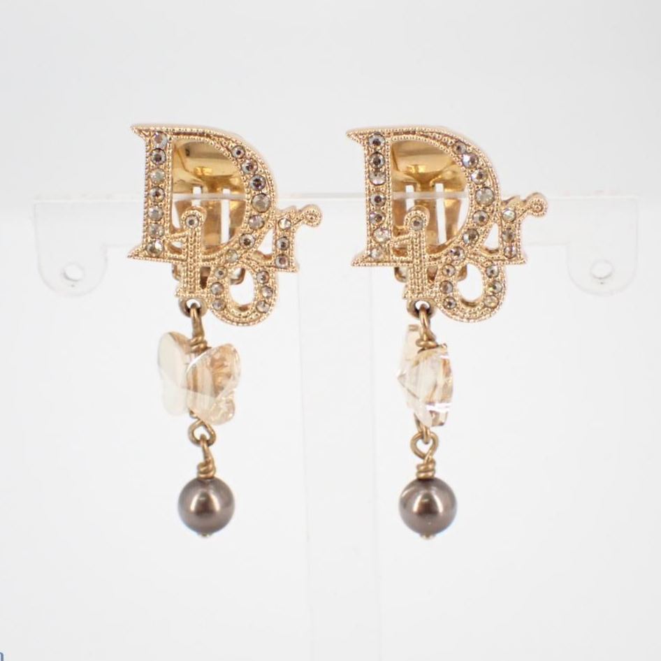 D Gold Diamond Butterfly Pearl Pendant Earrings