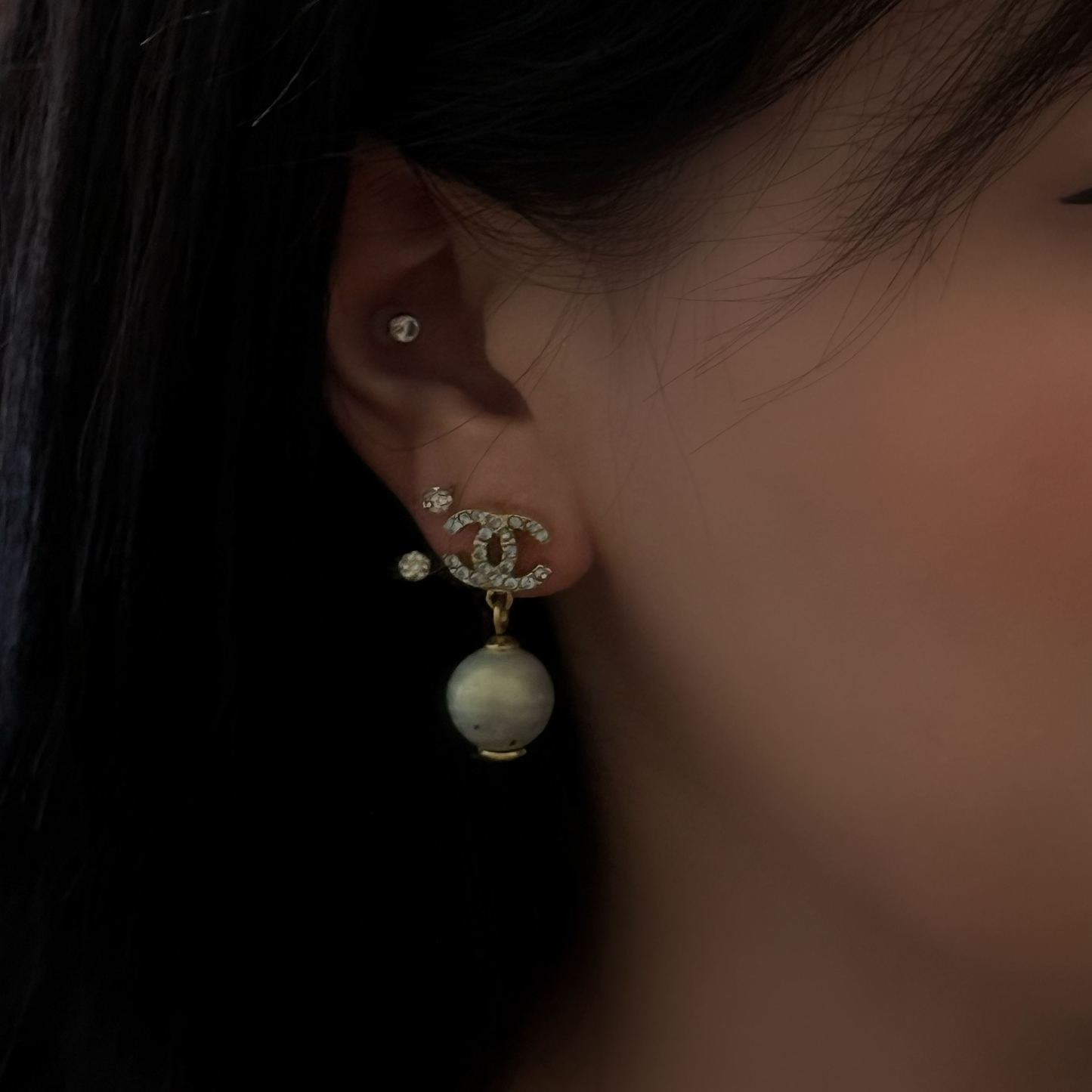 C Blue Diamond Pearl Drop Earrings