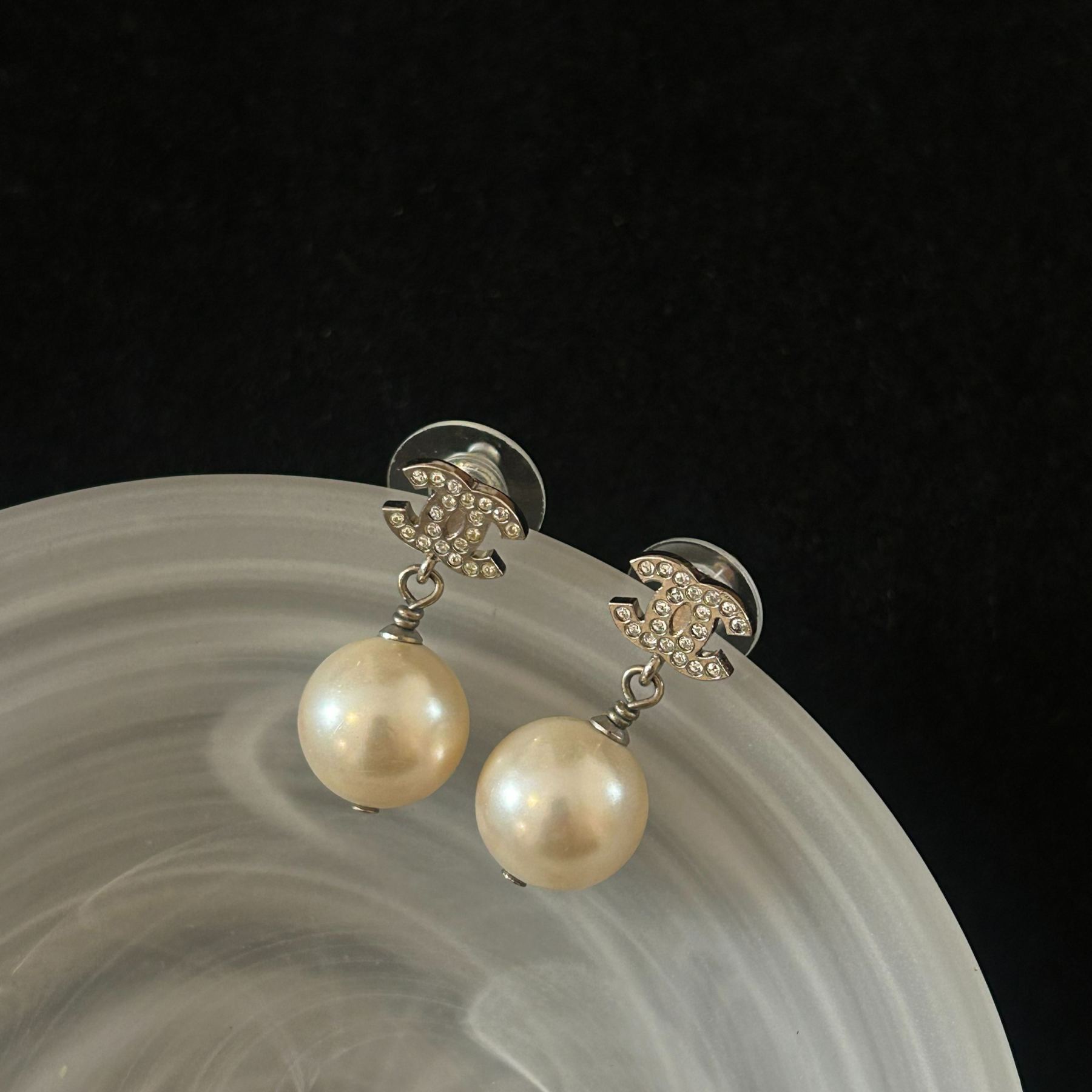 C Double C full diamond pearl pendant earrings