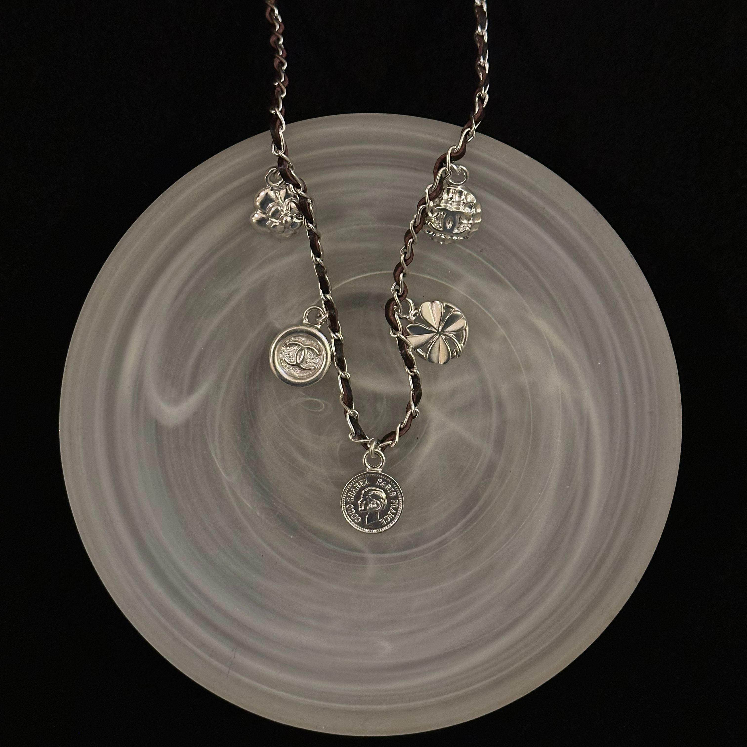 C Black silver leather coin necklace