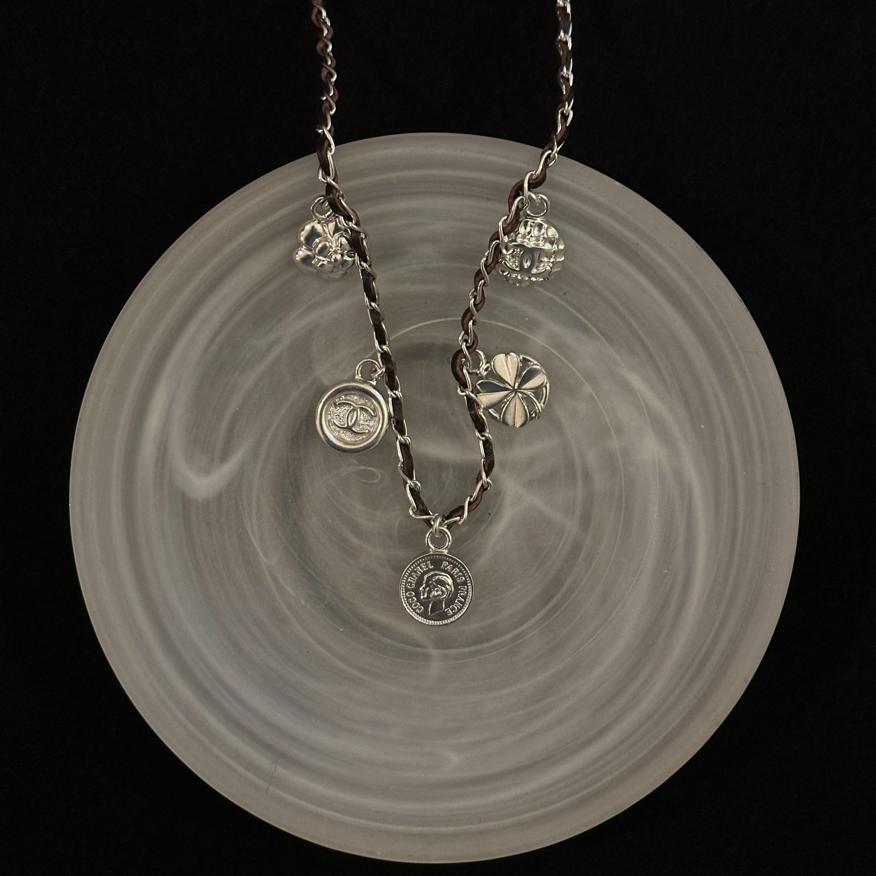 C Black silver leather coin necklace