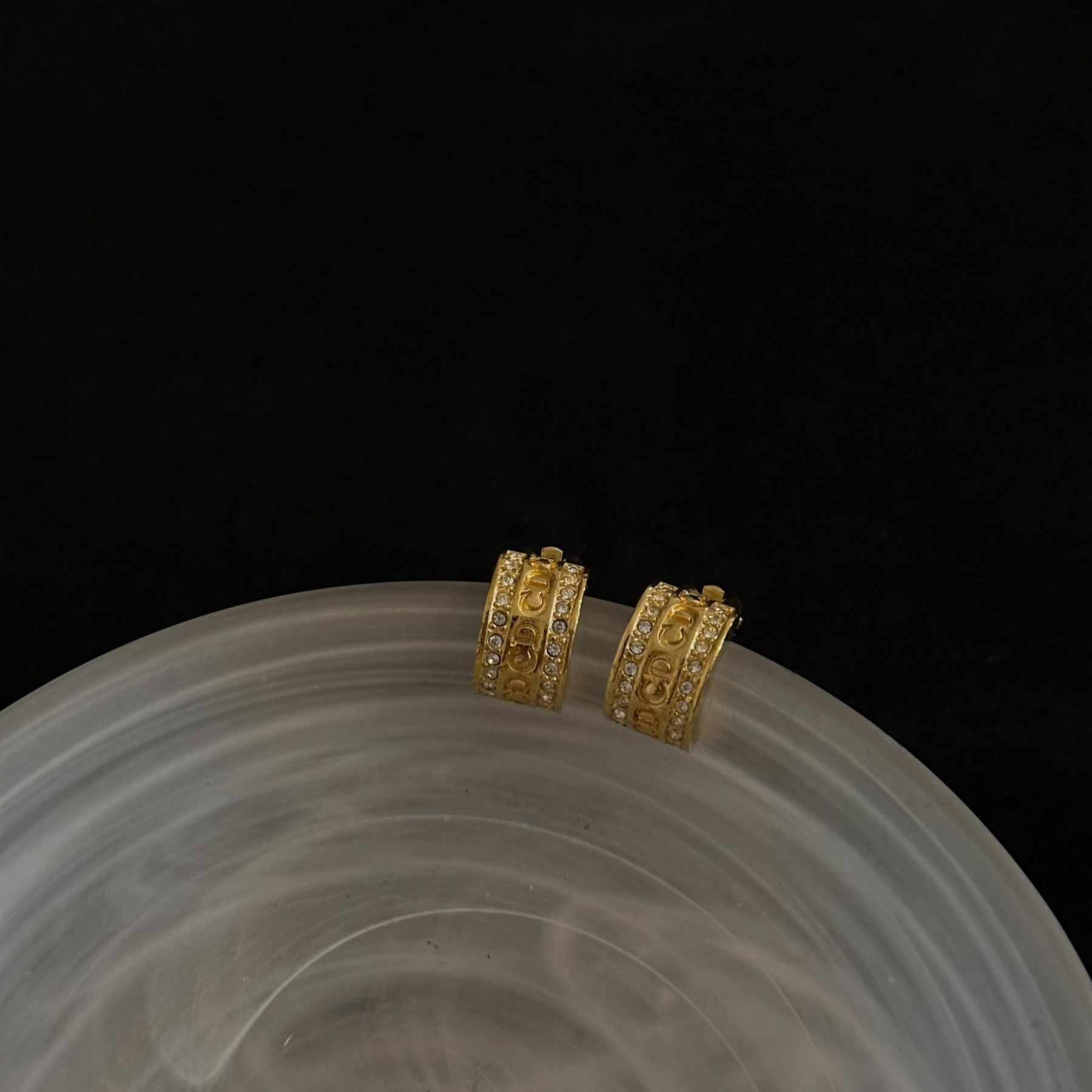 D Nameplate rhinestone gold earrings