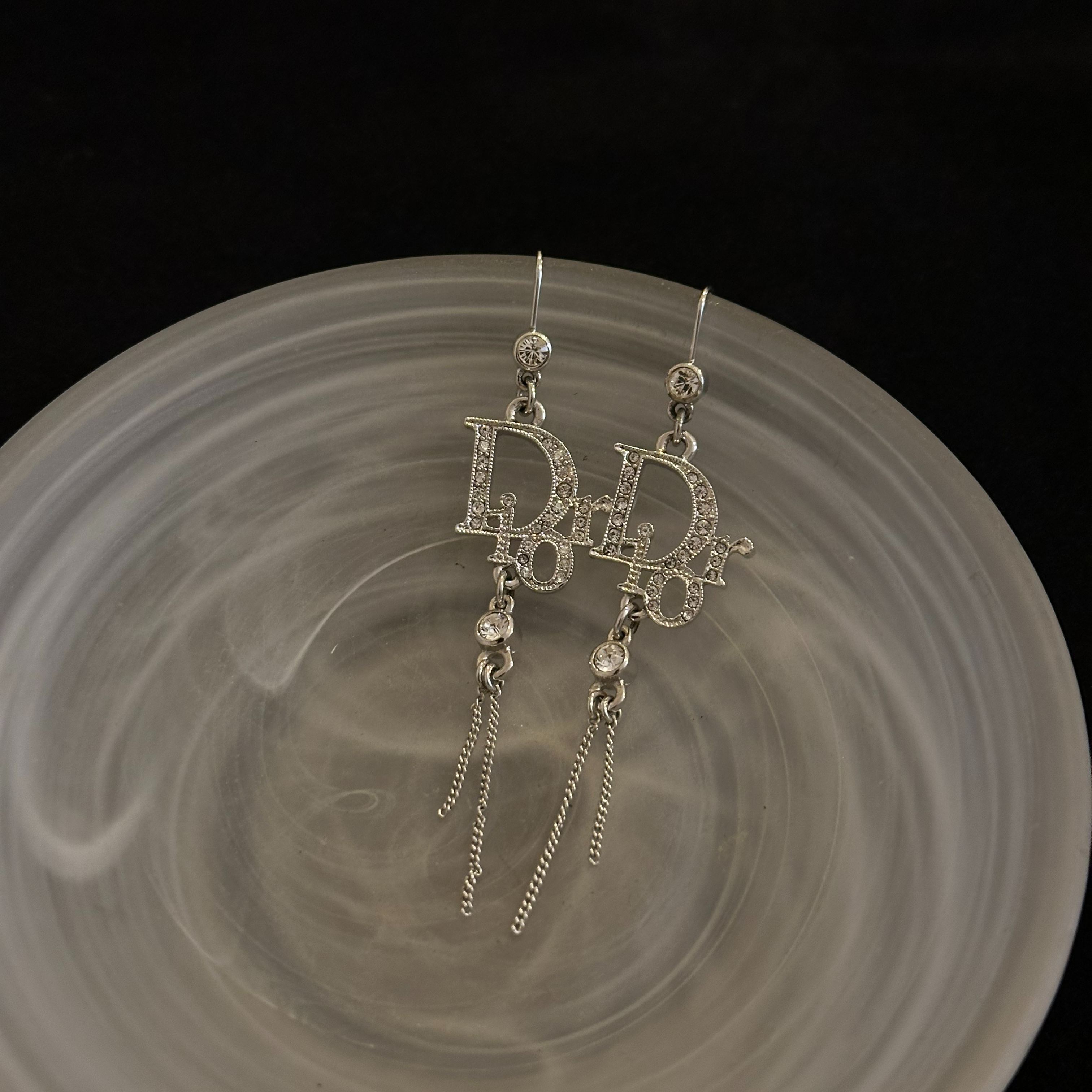 D logo rhinestones tassel earrings