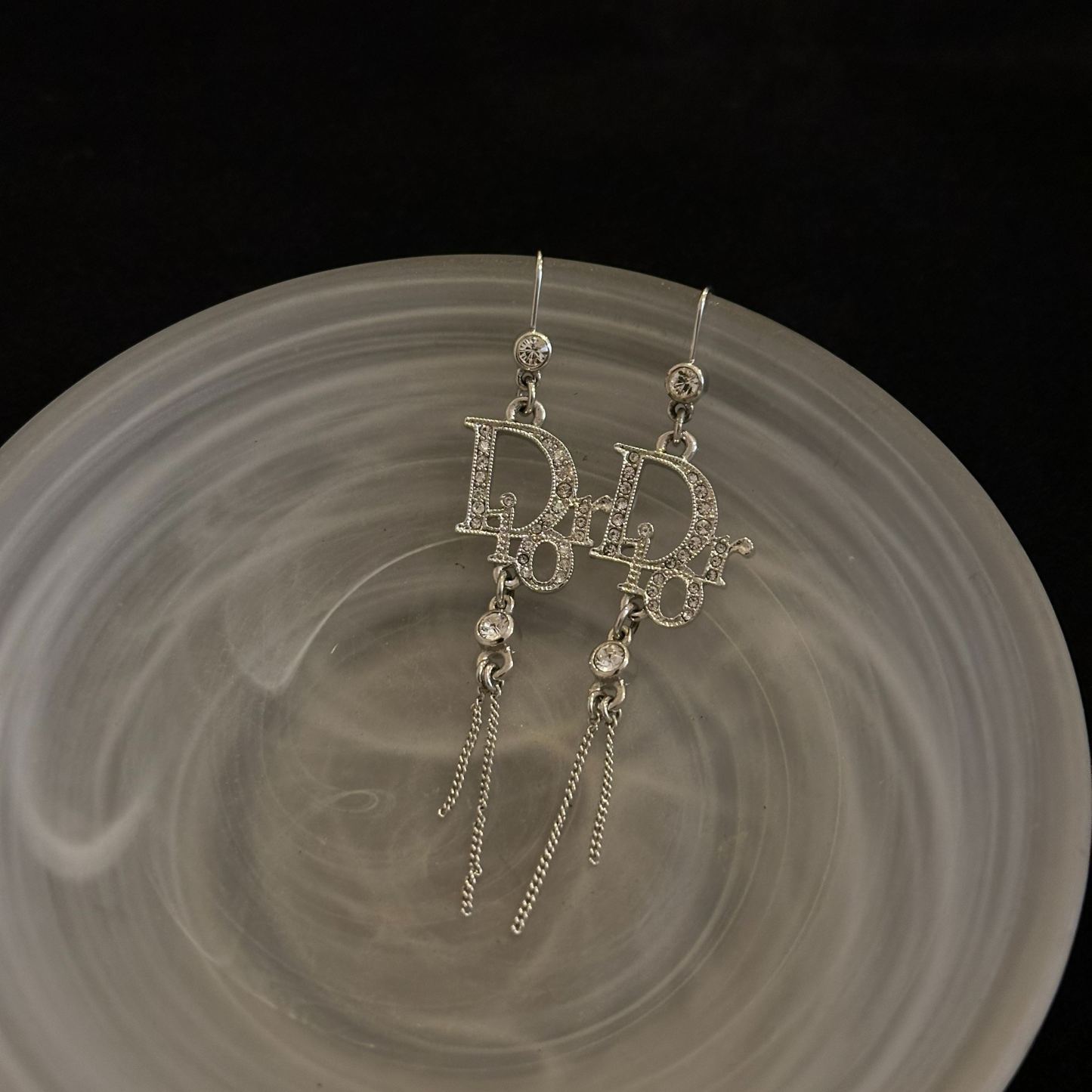 D logo rhinestones tassel earrings