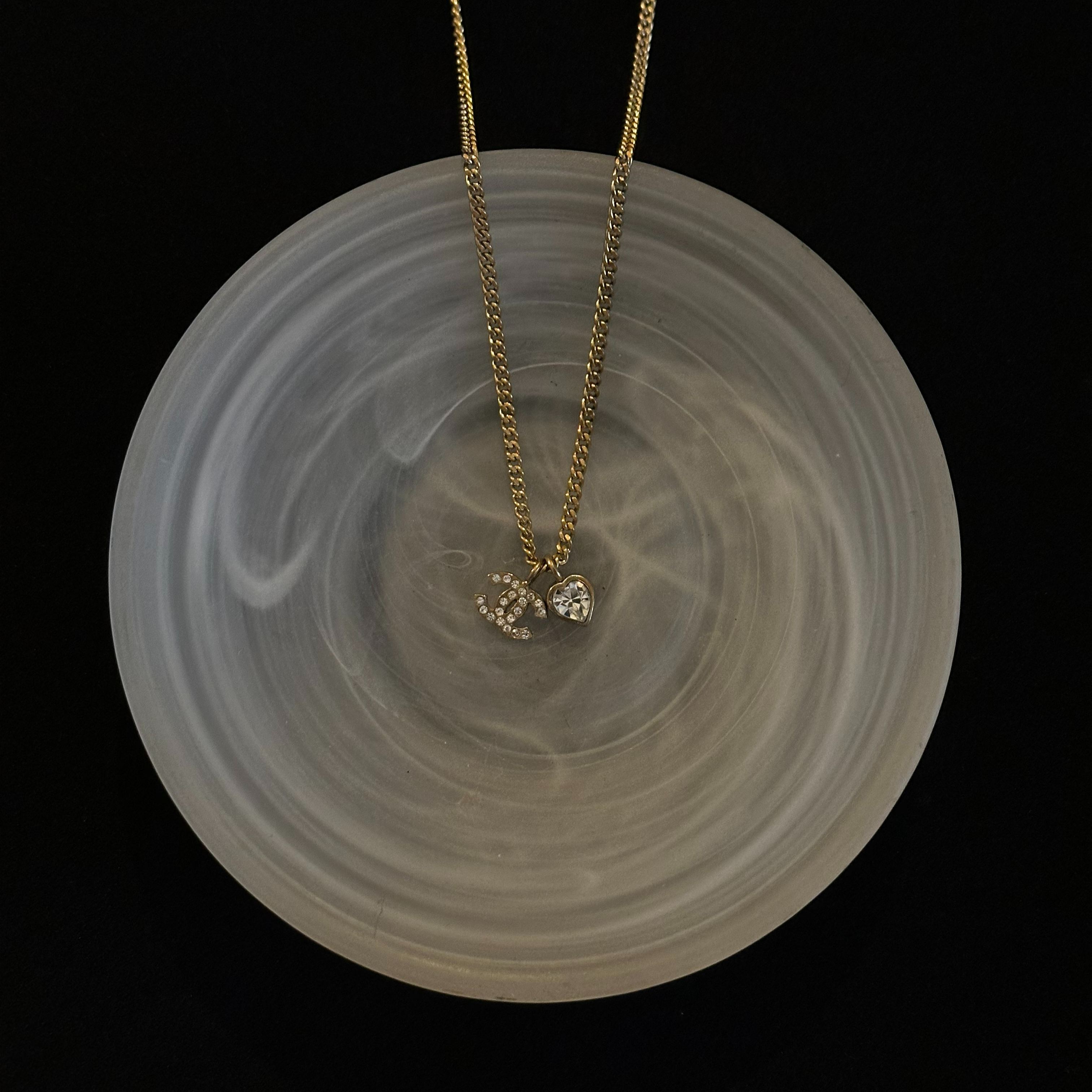 C Heart rhinestone double C gold necklace