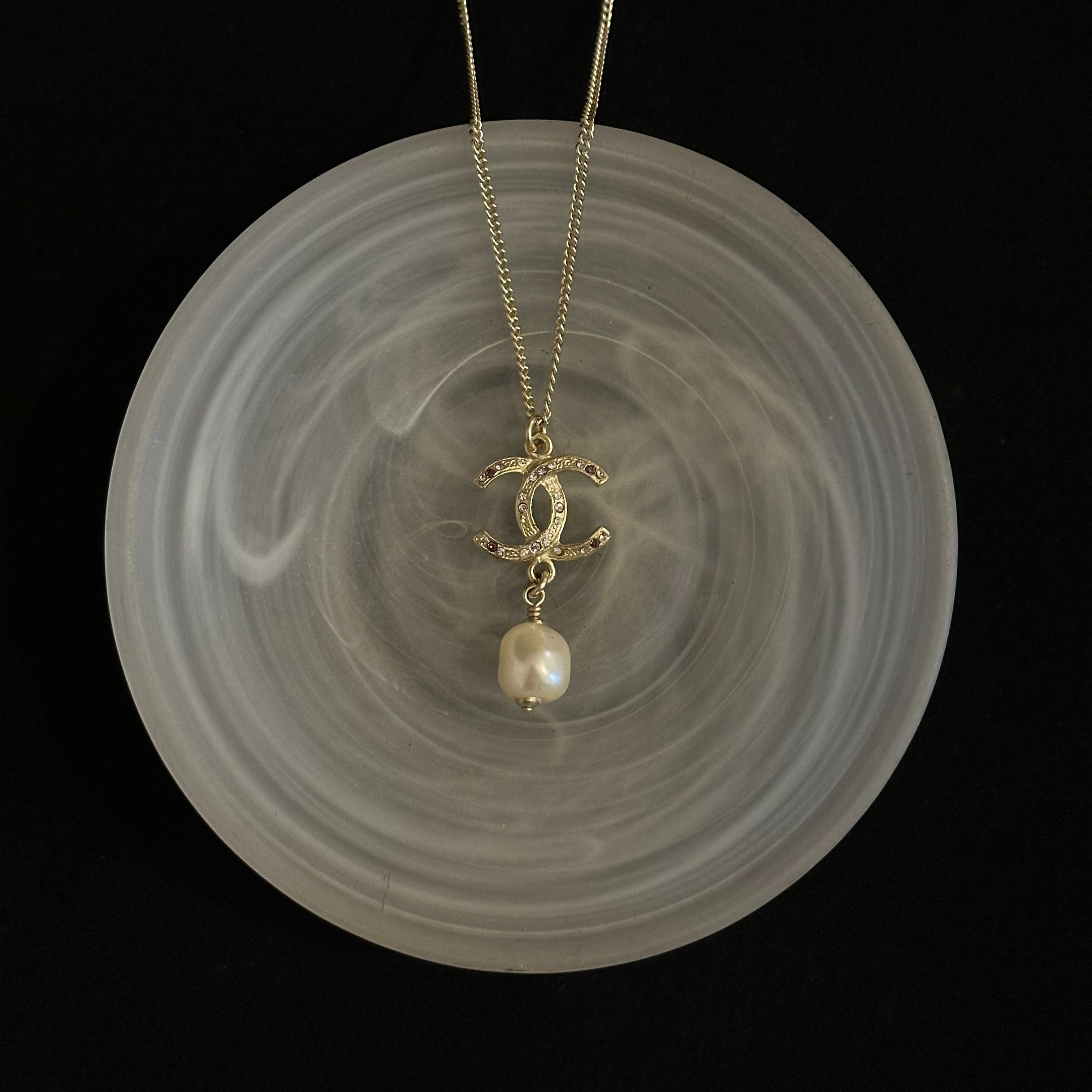 C Gold Double C Purple Diamond Pearl Pendant Necklace