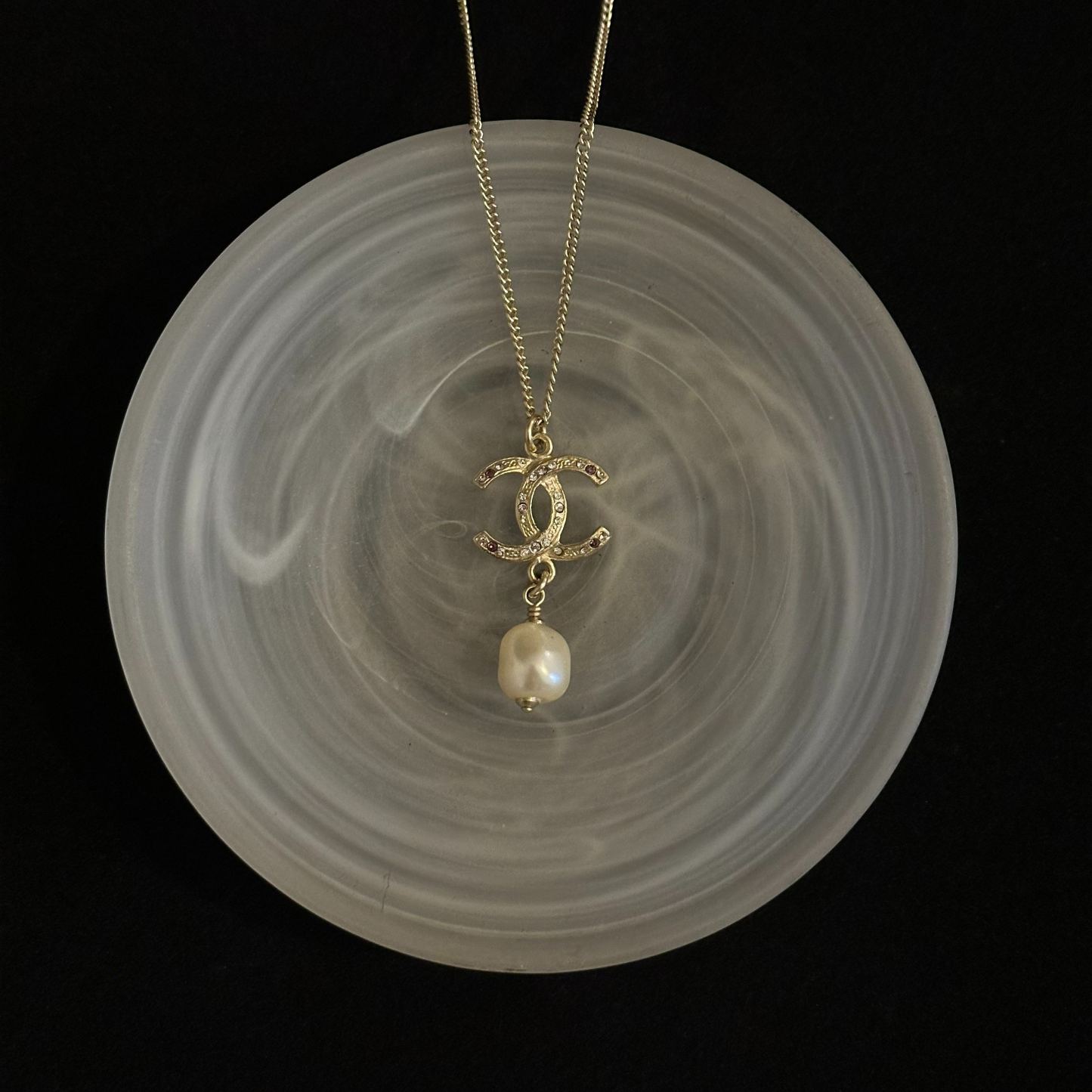 C Gold Double C Purple Diamond Pearl Pendant Necklace