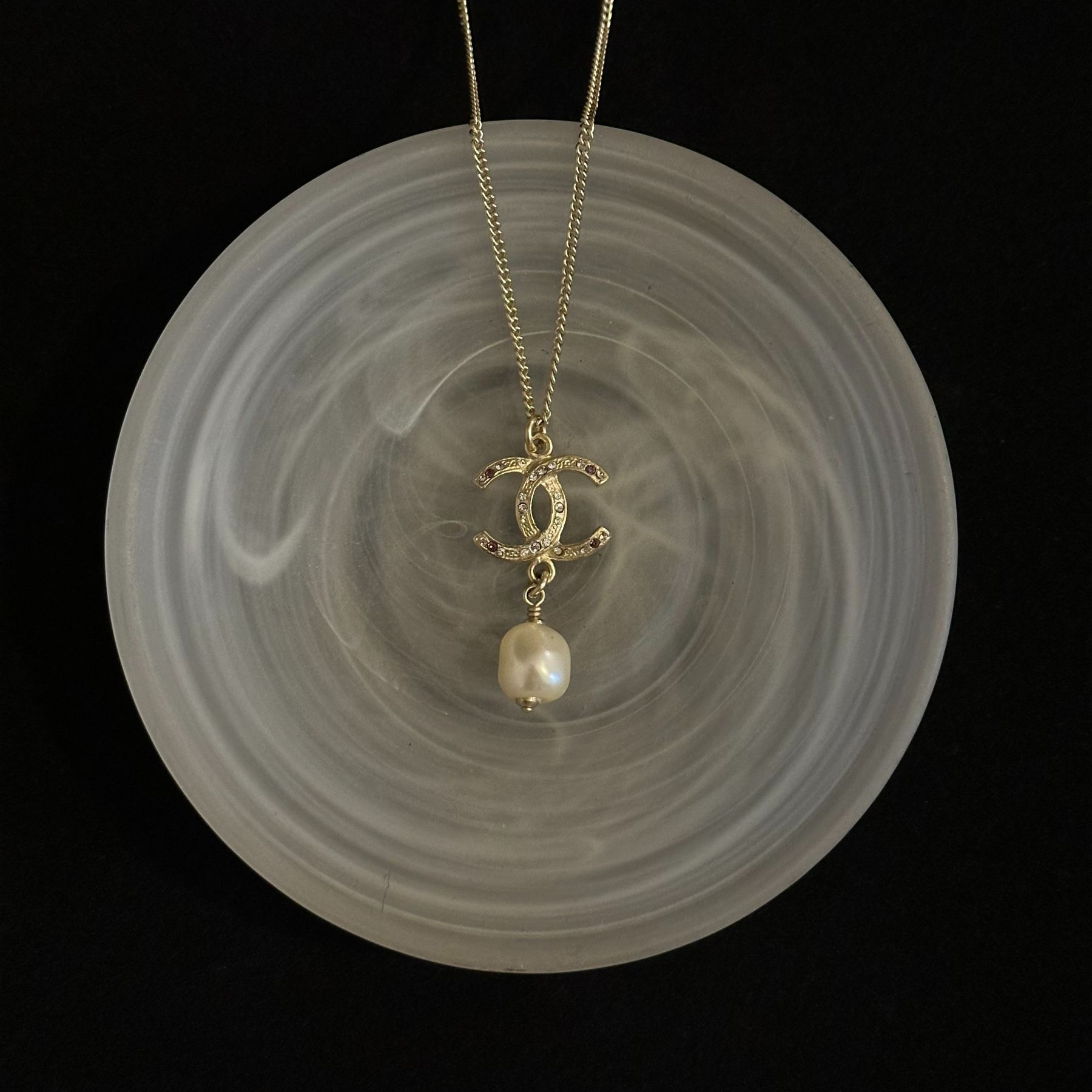 C Gold Double C Purple Diamond Pearl Pendant Necklace