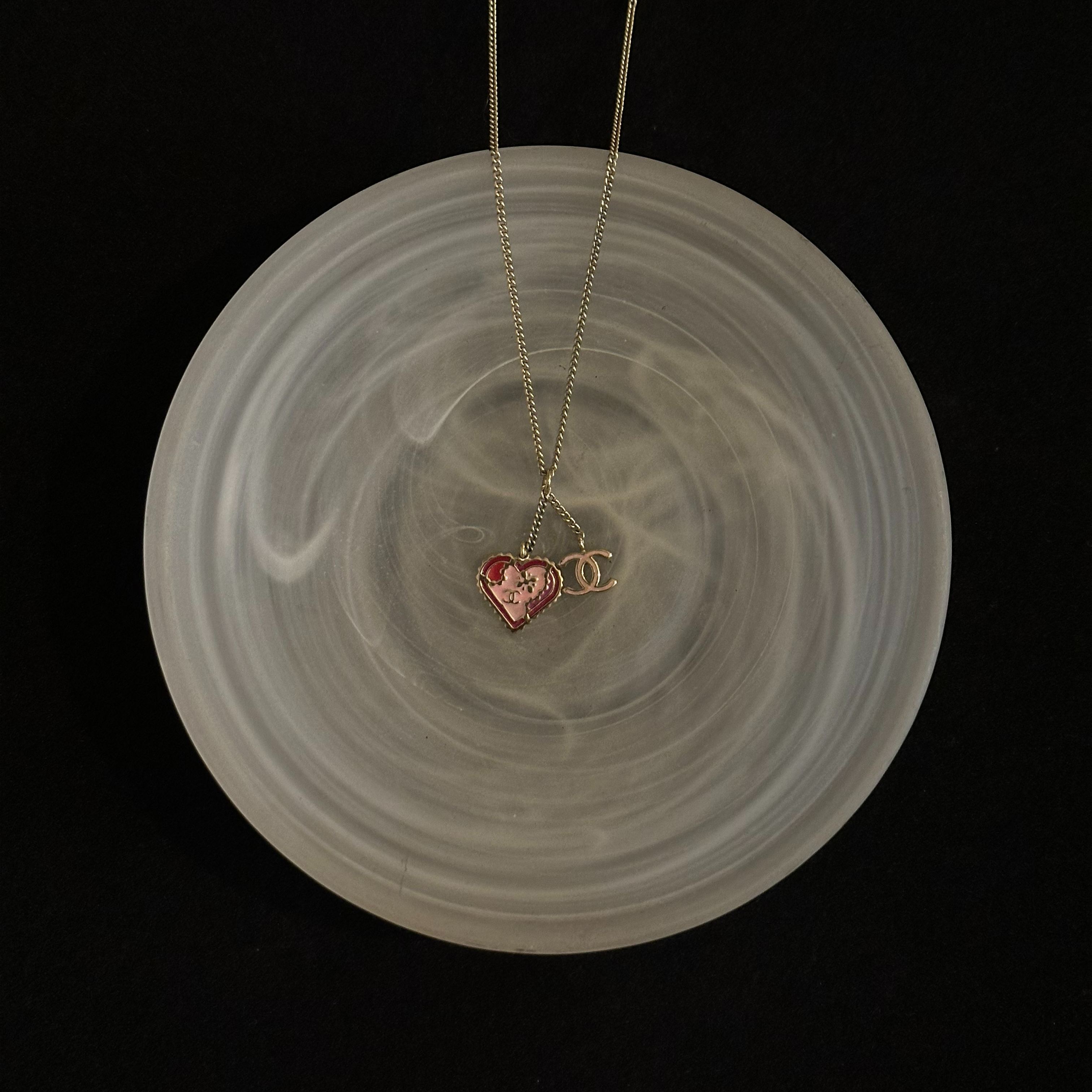 C Enamel Heart Double C Necklace