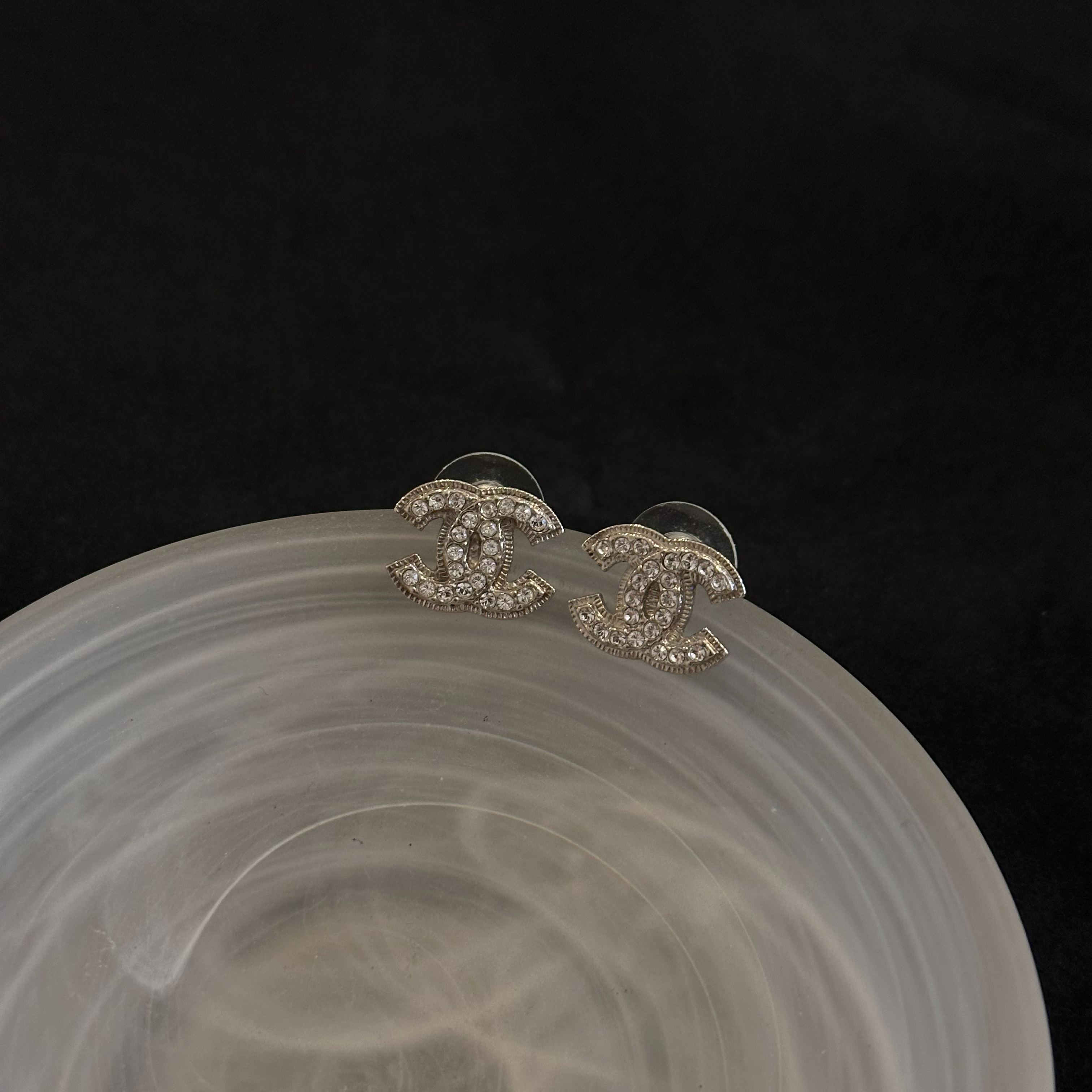 C Double C full diamond silver clip earrings