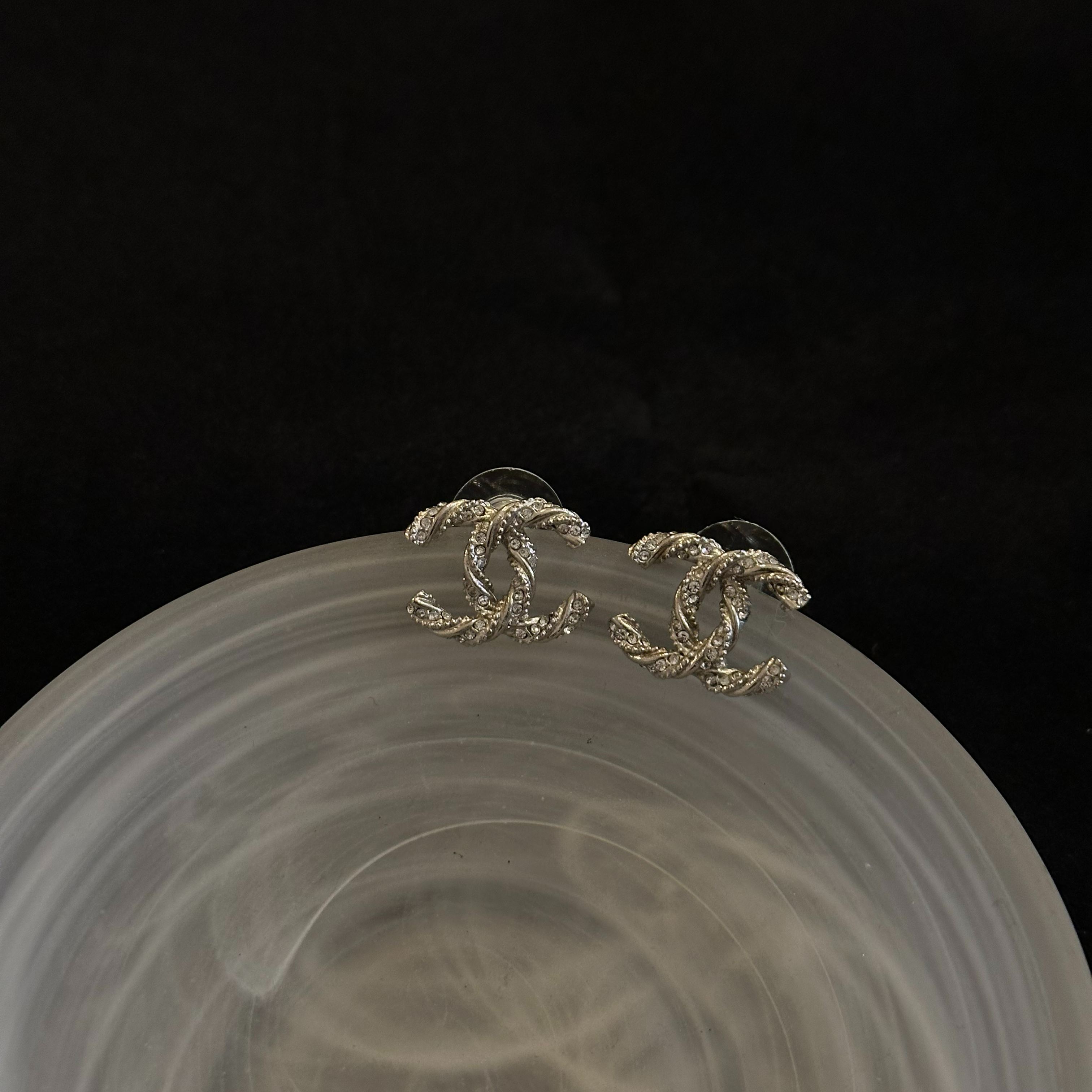 C Twisted Double C Rhinestone Silver Earrings