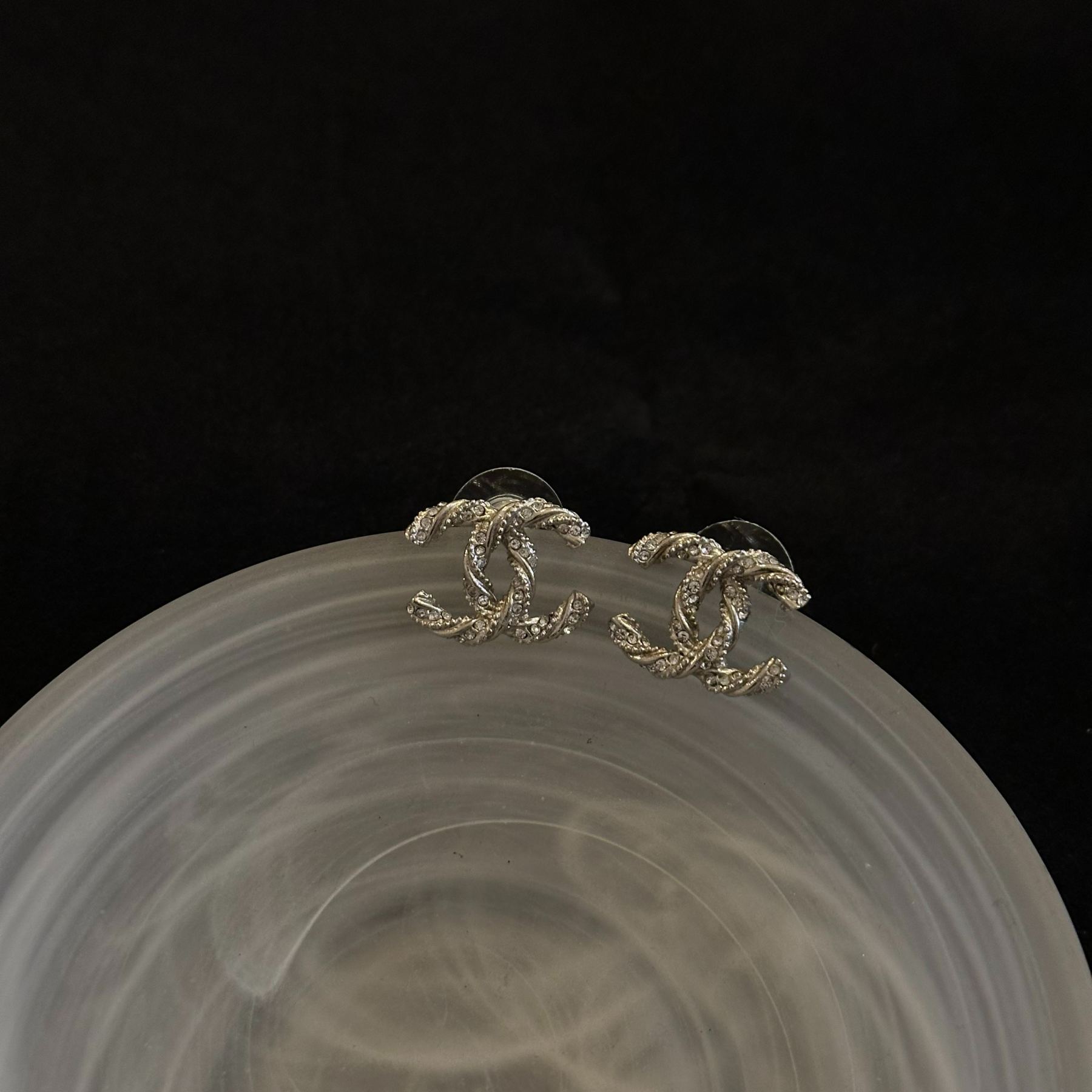 C Twisted Double C Rhinestone Silver Earrings