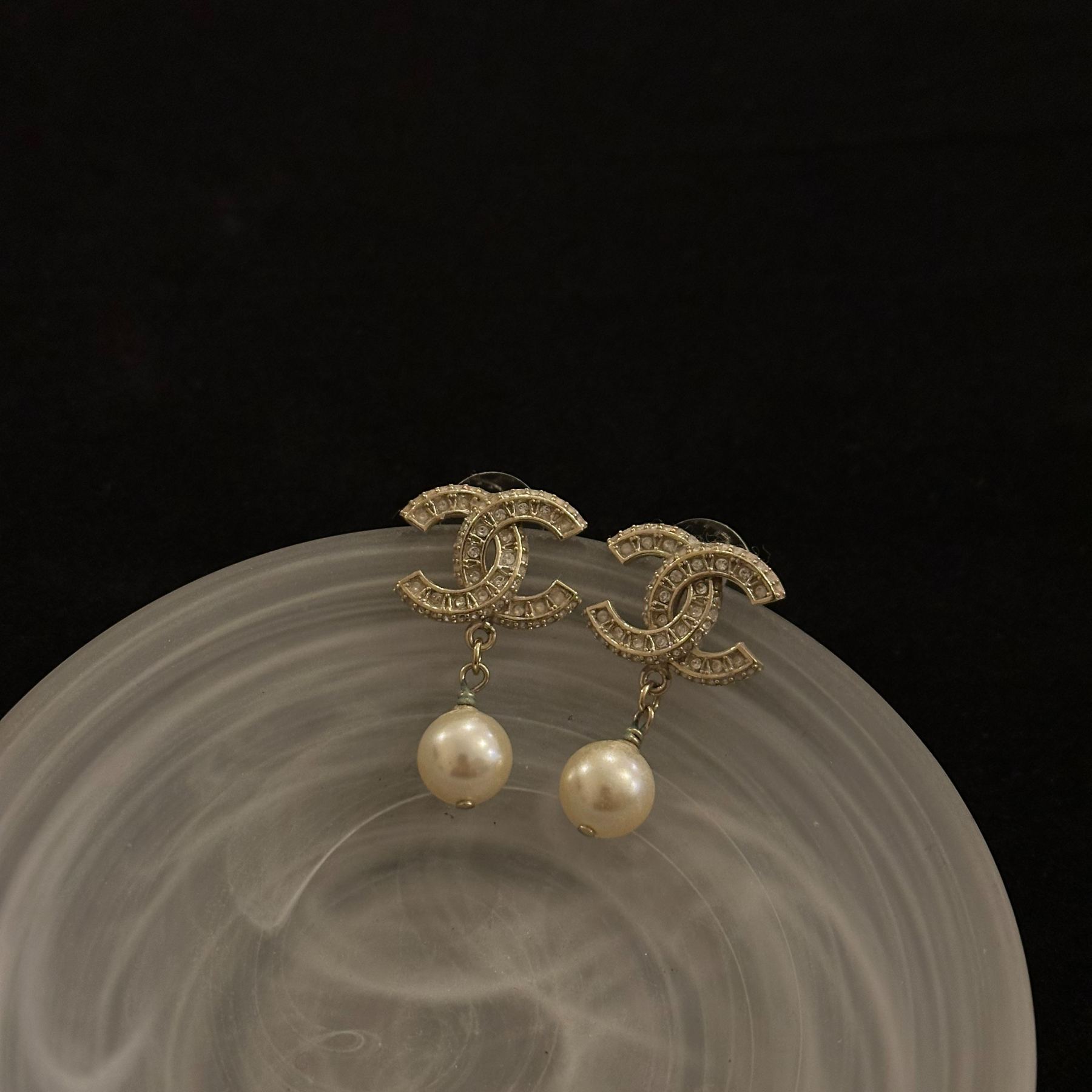 C Double C full diamond pearl pendant earrings