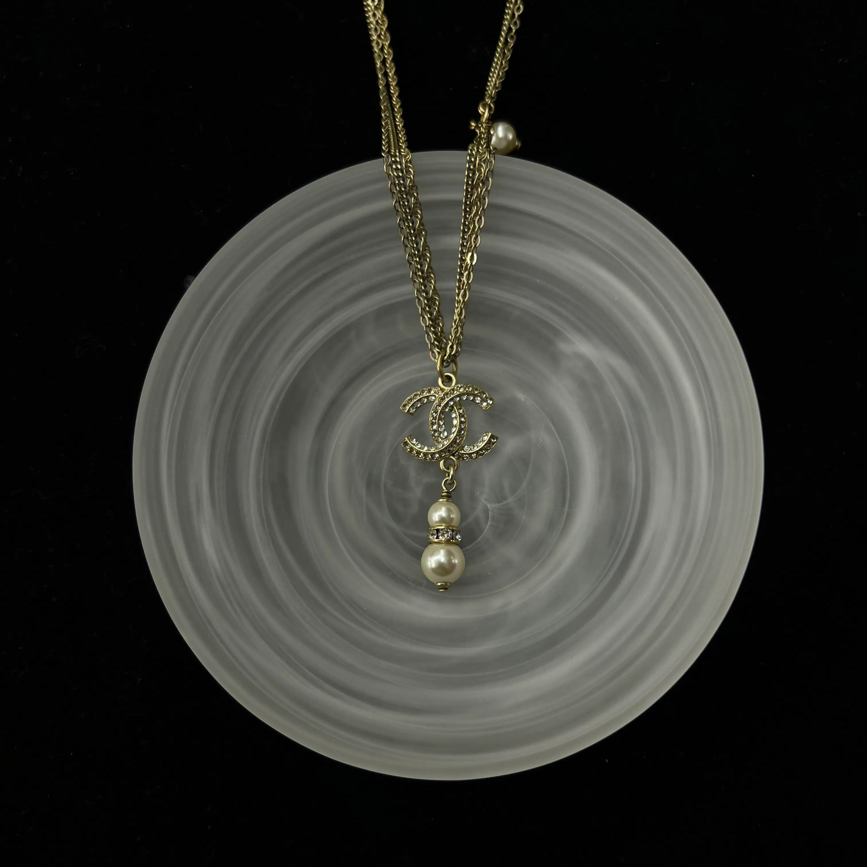 C Multi-strand full diamond pearl pendant gold necklace