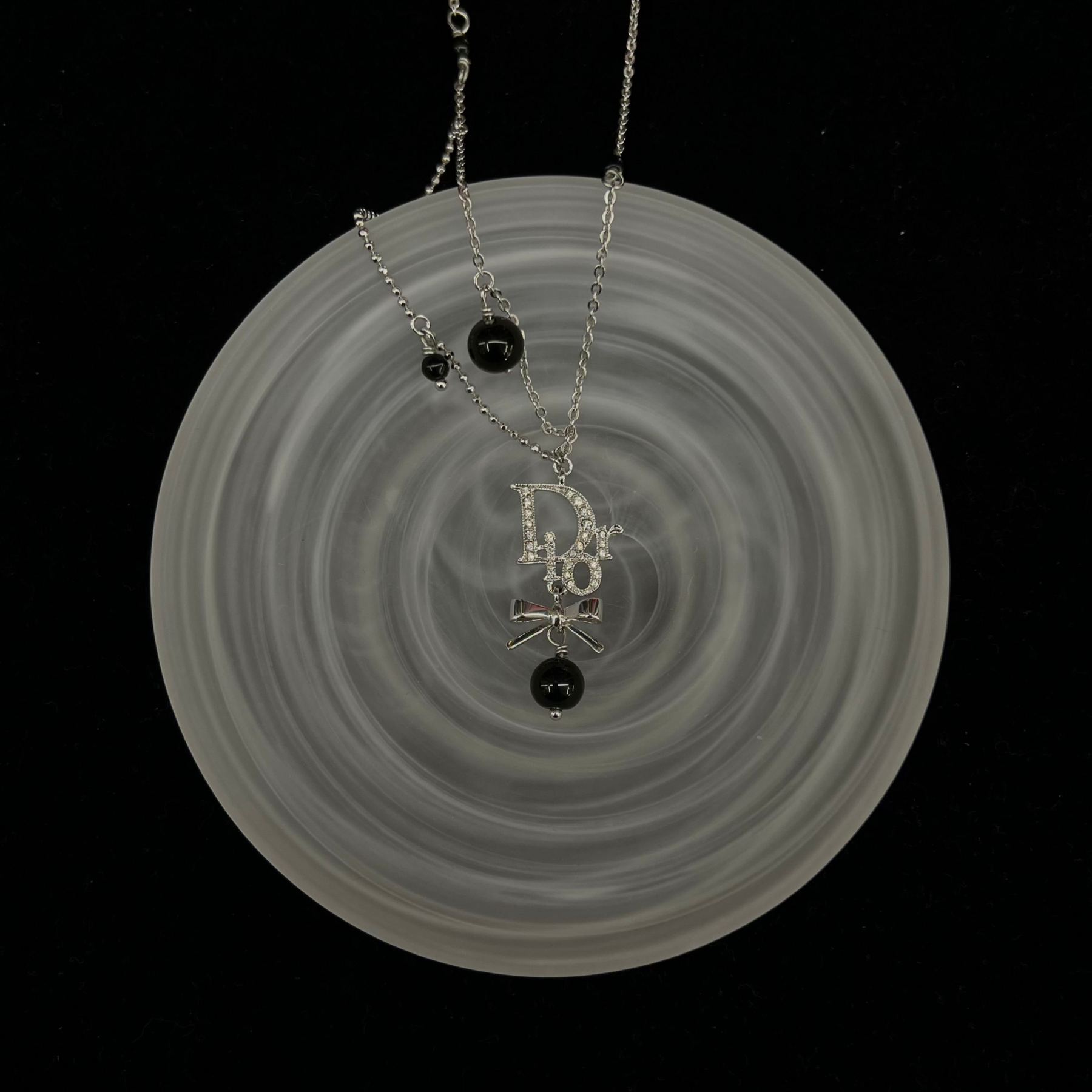 D Bow pendant double-layer black necklace