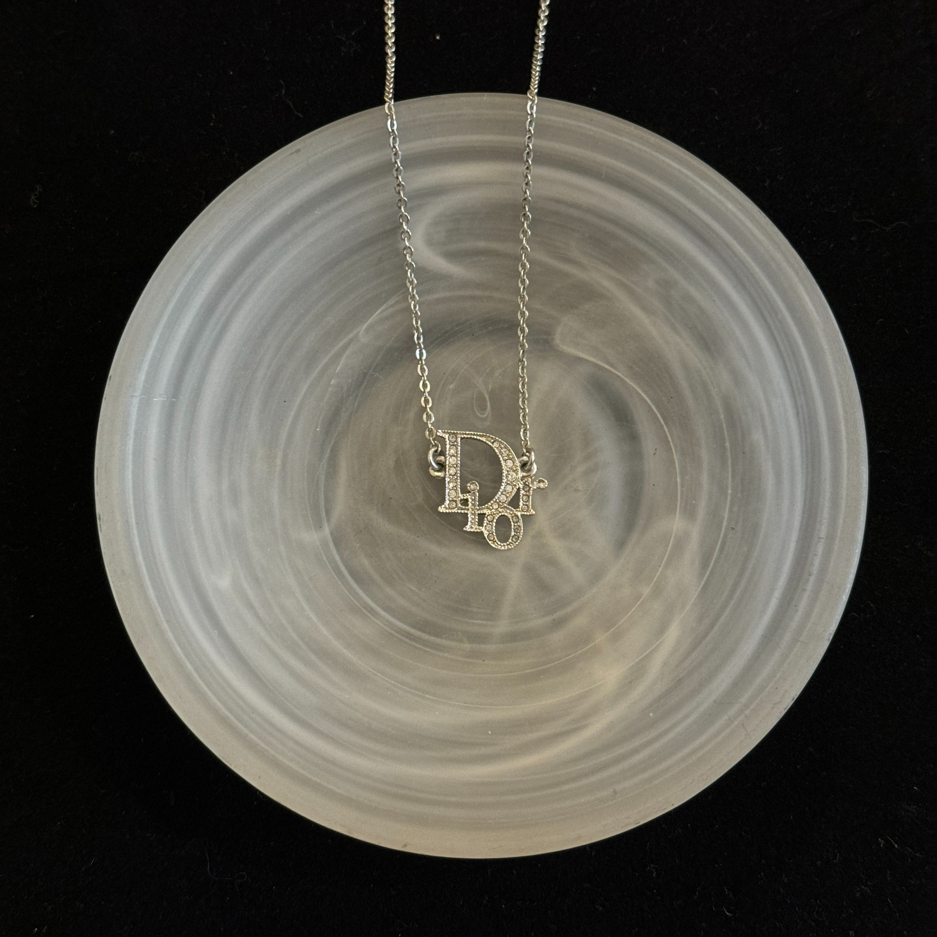 D Logo rhinestone silver necklace