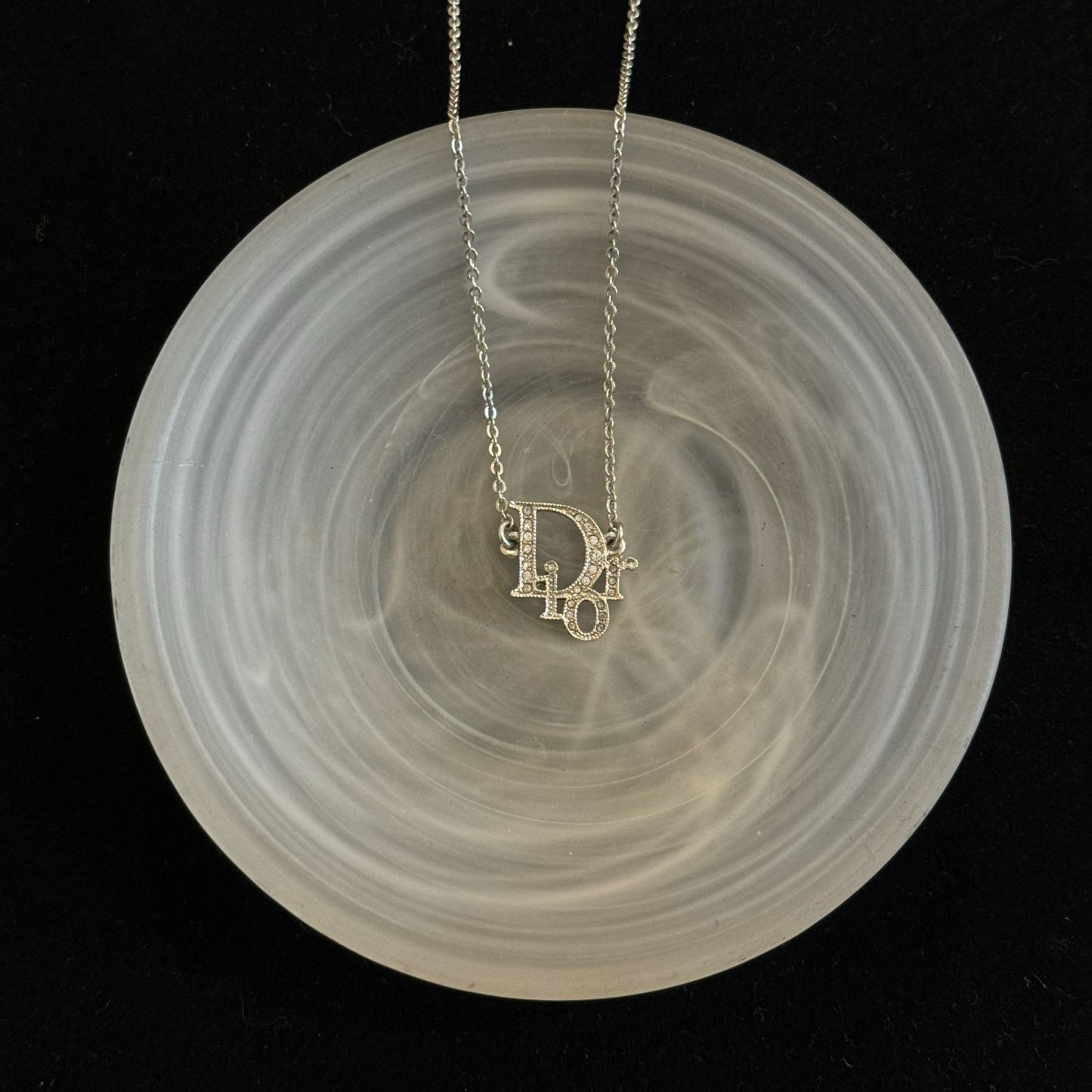 D Logo rhinestone silver necklace