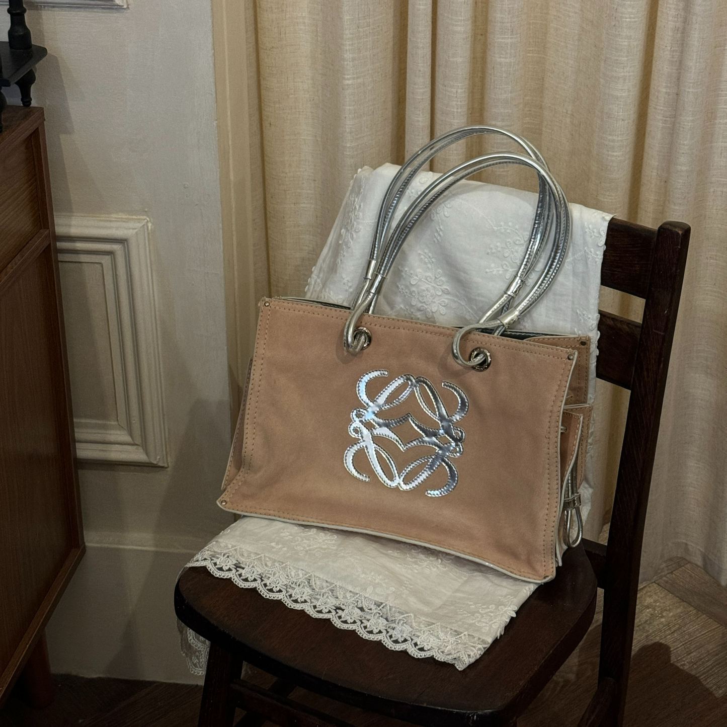 L Silver pink suede beach bag