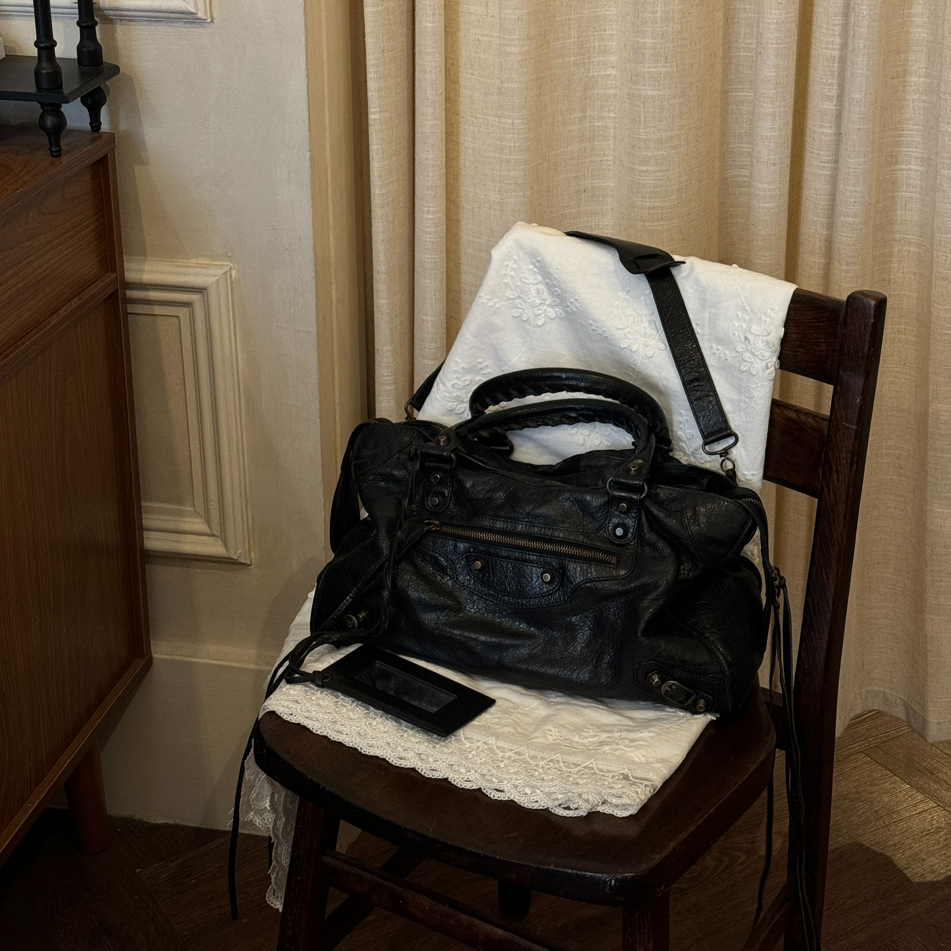 B Black and gray studded classic tassel motorcycle bag