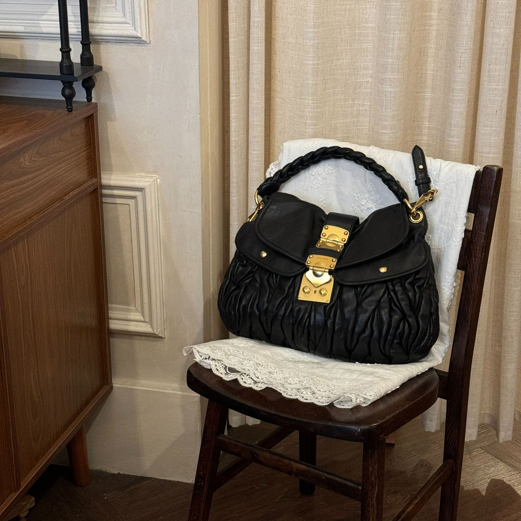 M Black Gold Pleated Yuanbao Bag