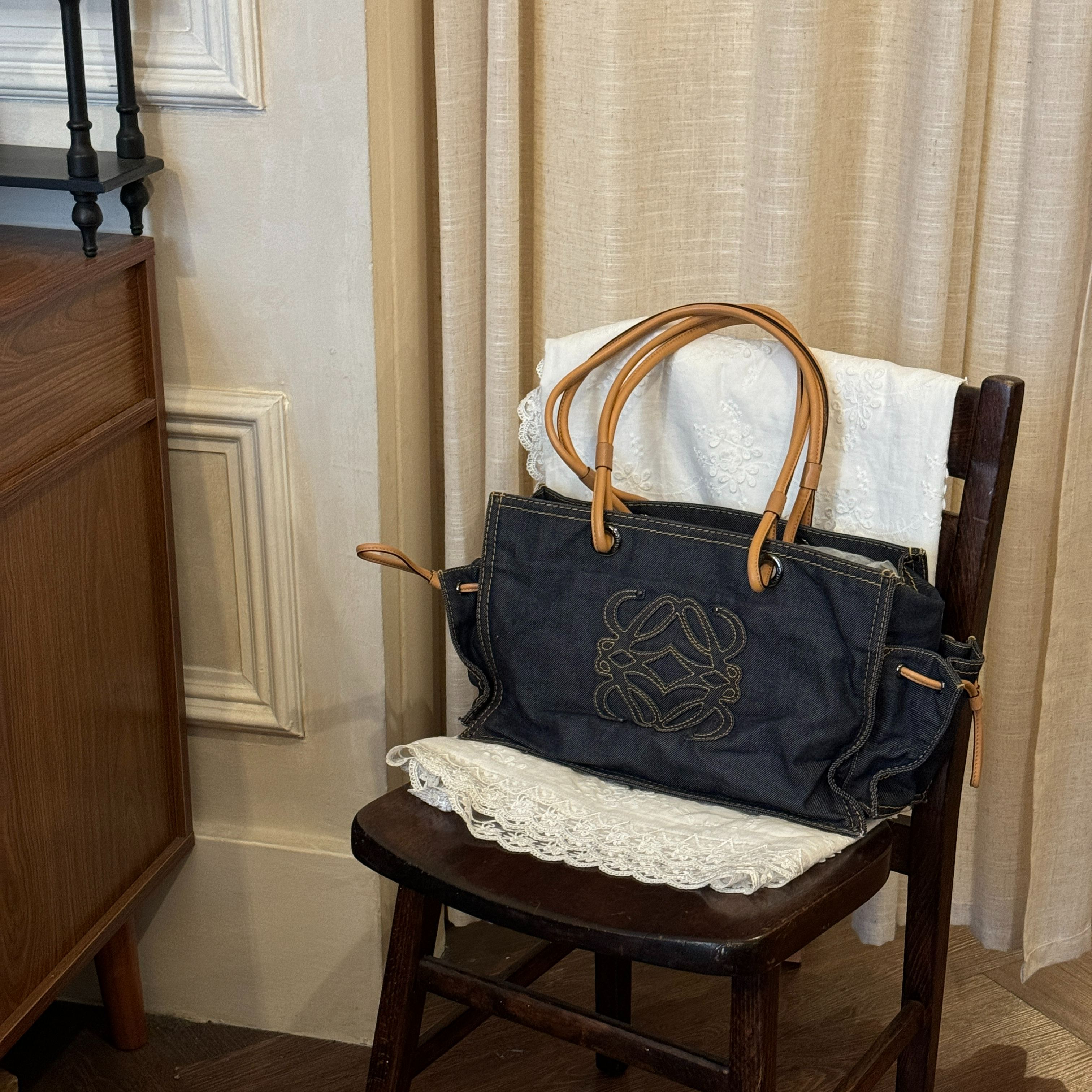 L Blue-brown denim tote bag