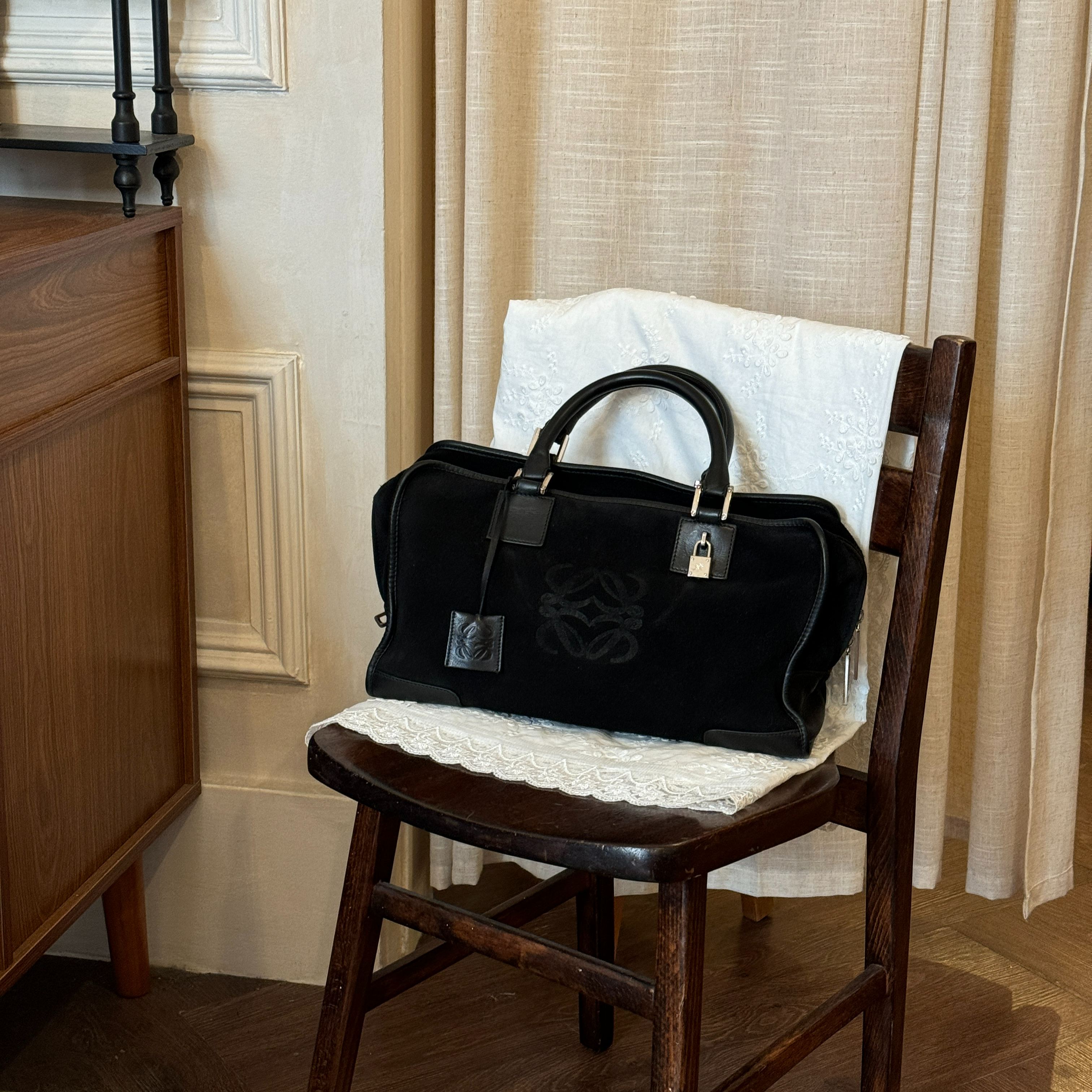 L Black suede Boston bag