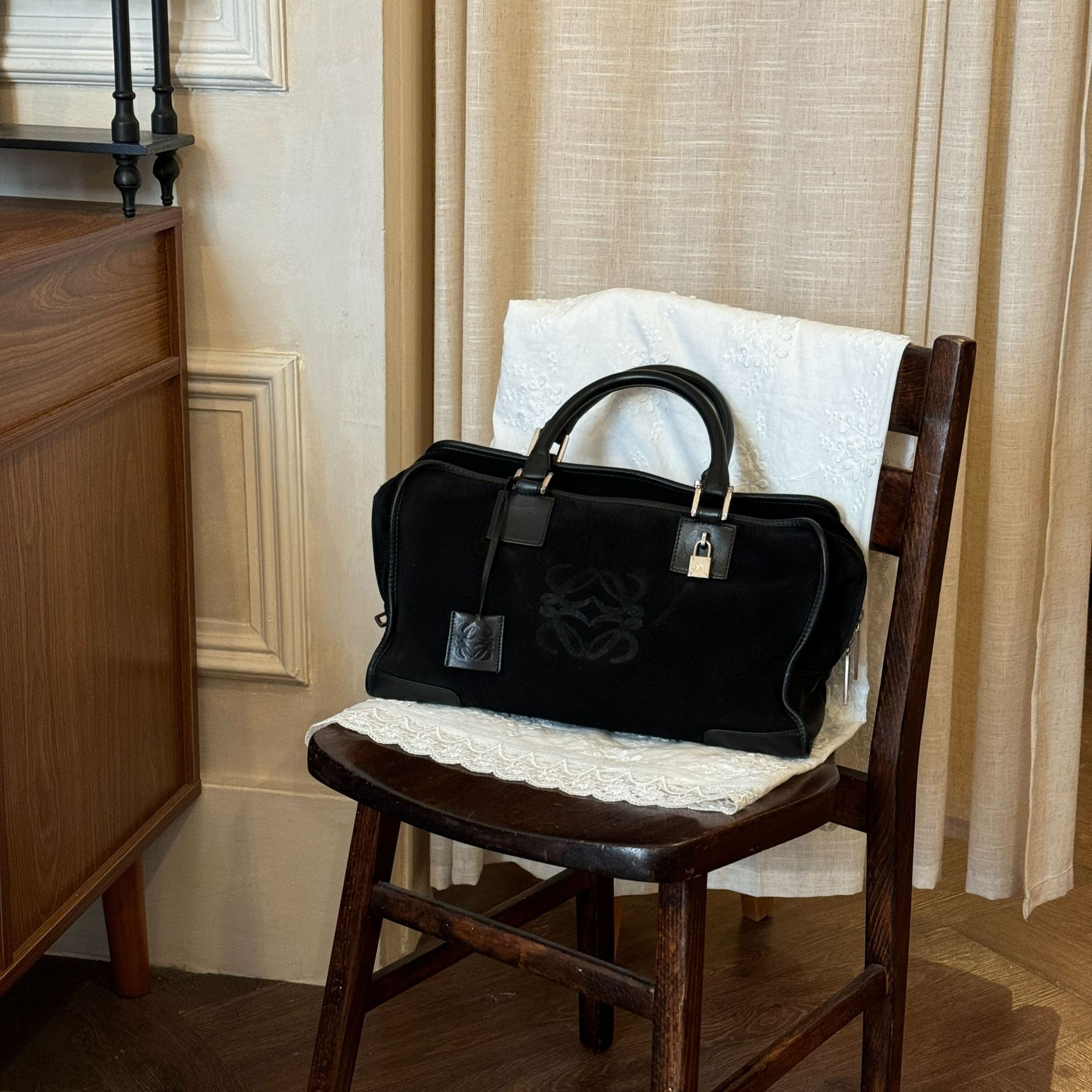 L Black suede Boston bag