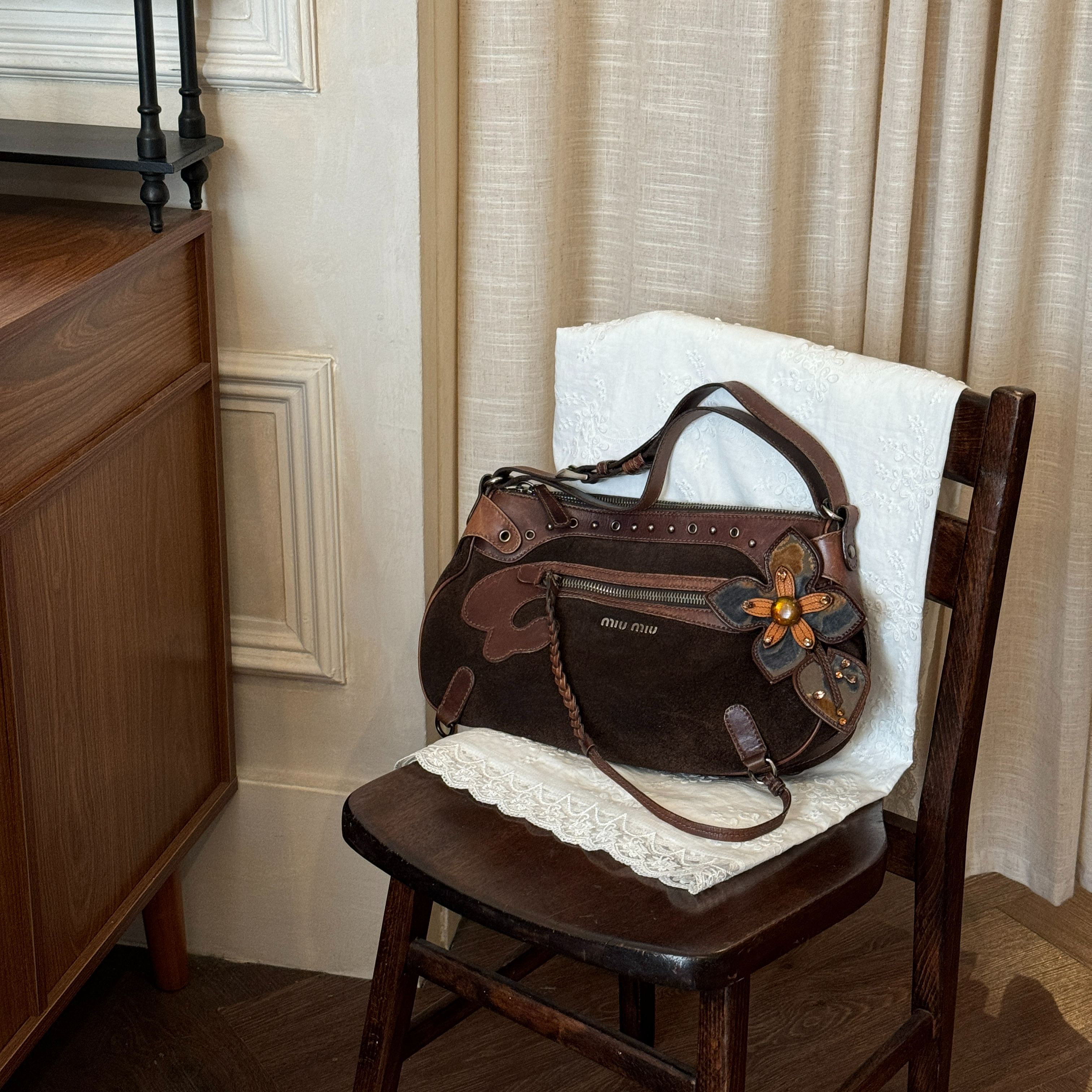 M Deep brown suede flower bud underarm bag