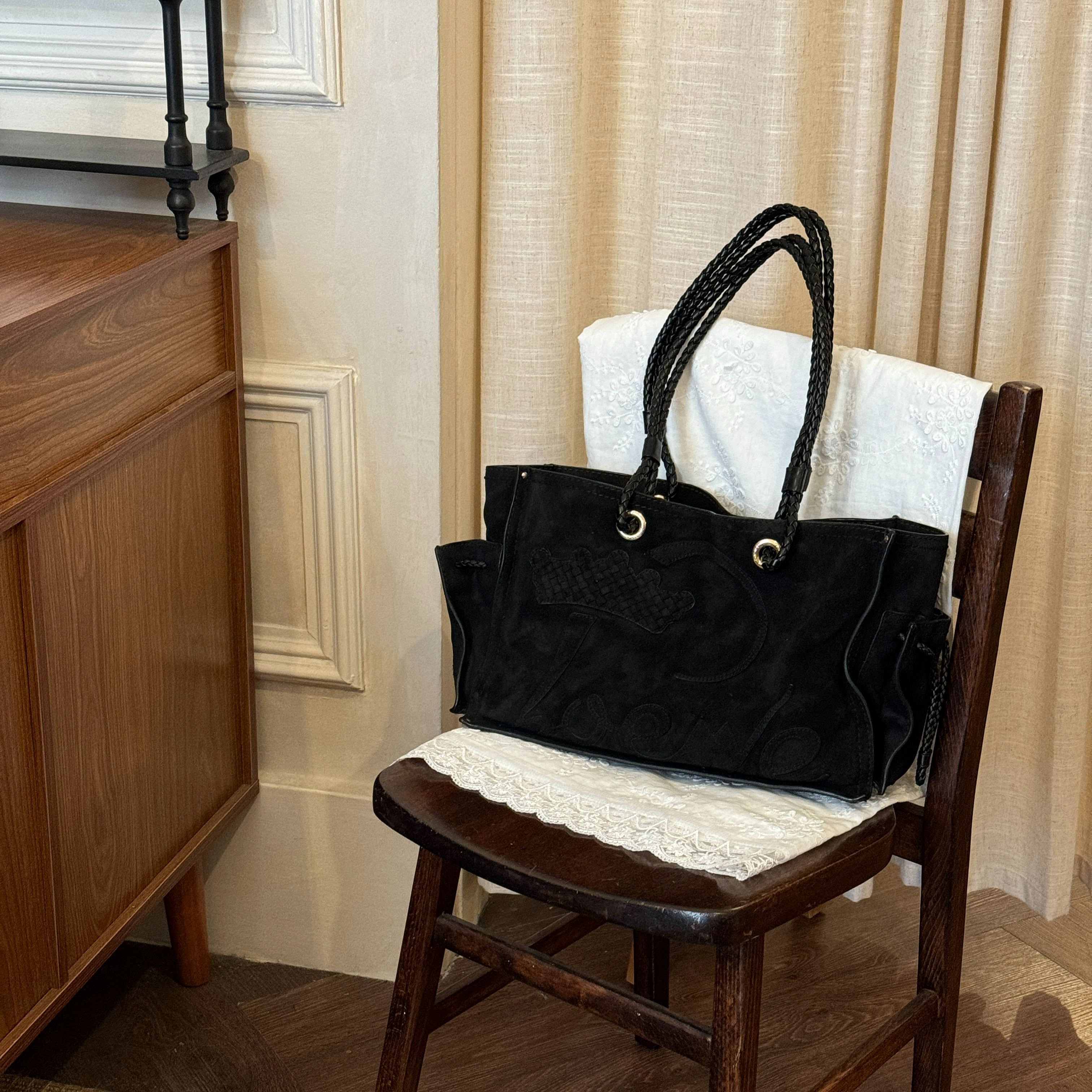 L Black suede tote bag