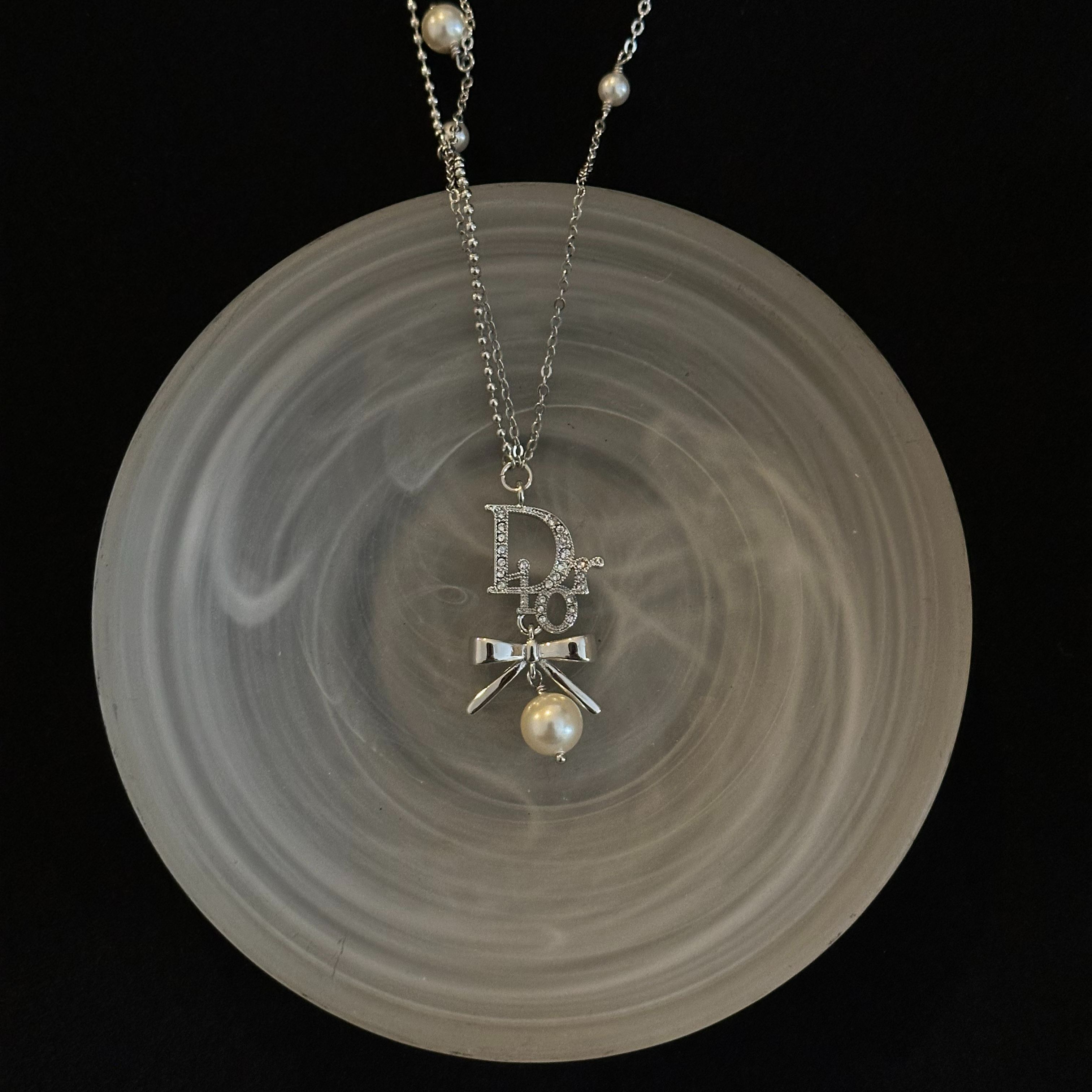 D Bow pendant double-layer silver necklace