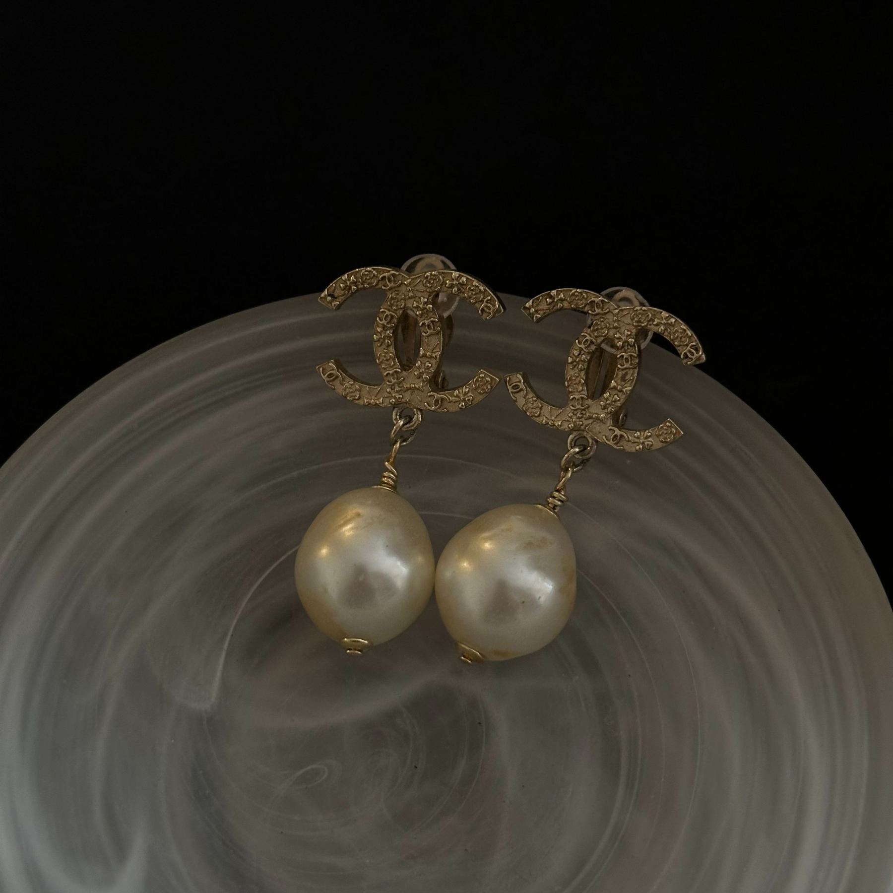 C Double C Engraved Pearl Pendant Earrings