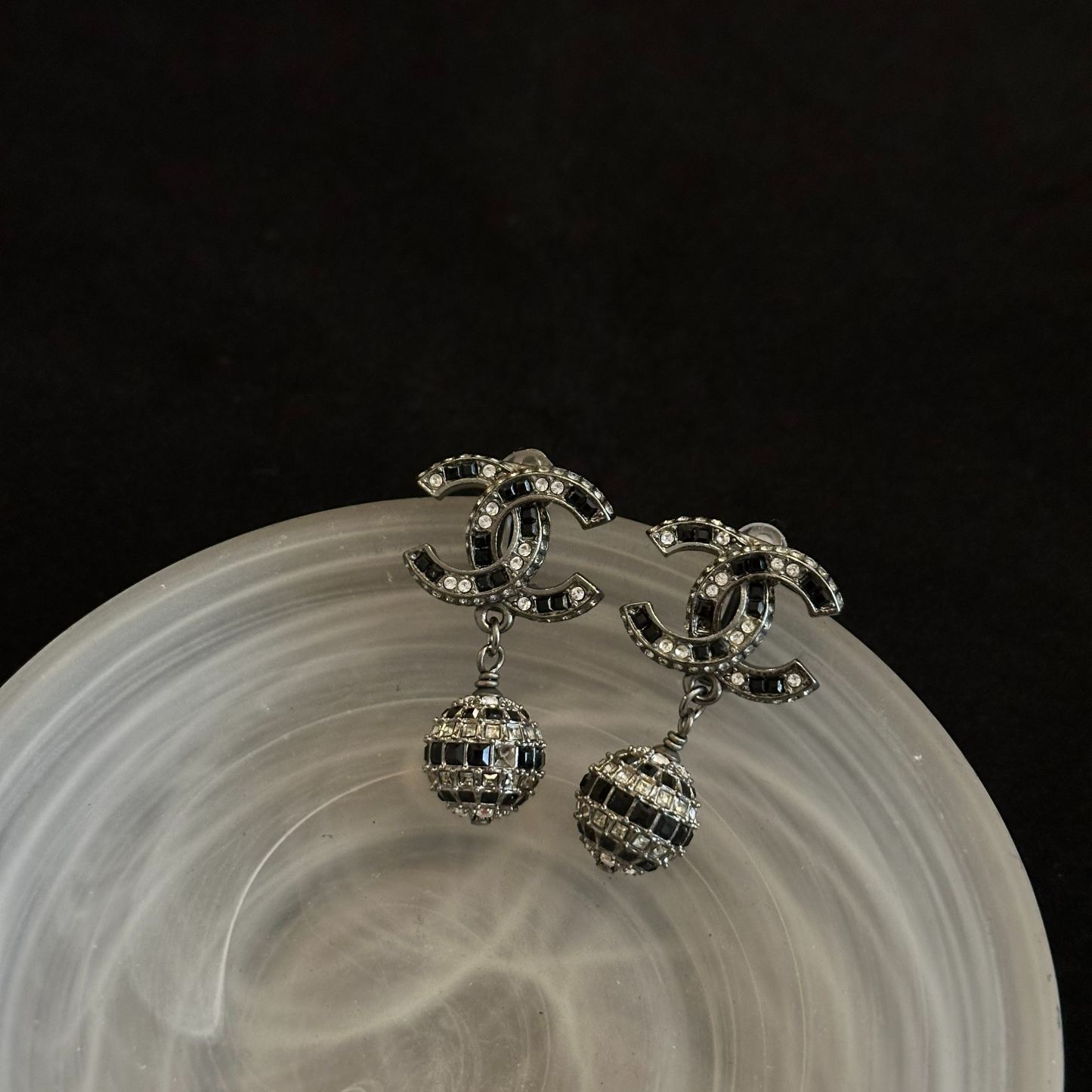 C Double C square rhinestone ball pendant earrings