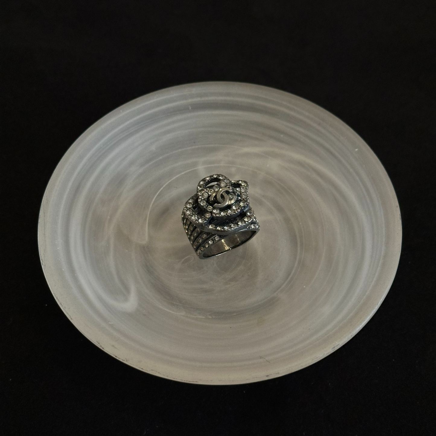 C Camellia rhinestone ring