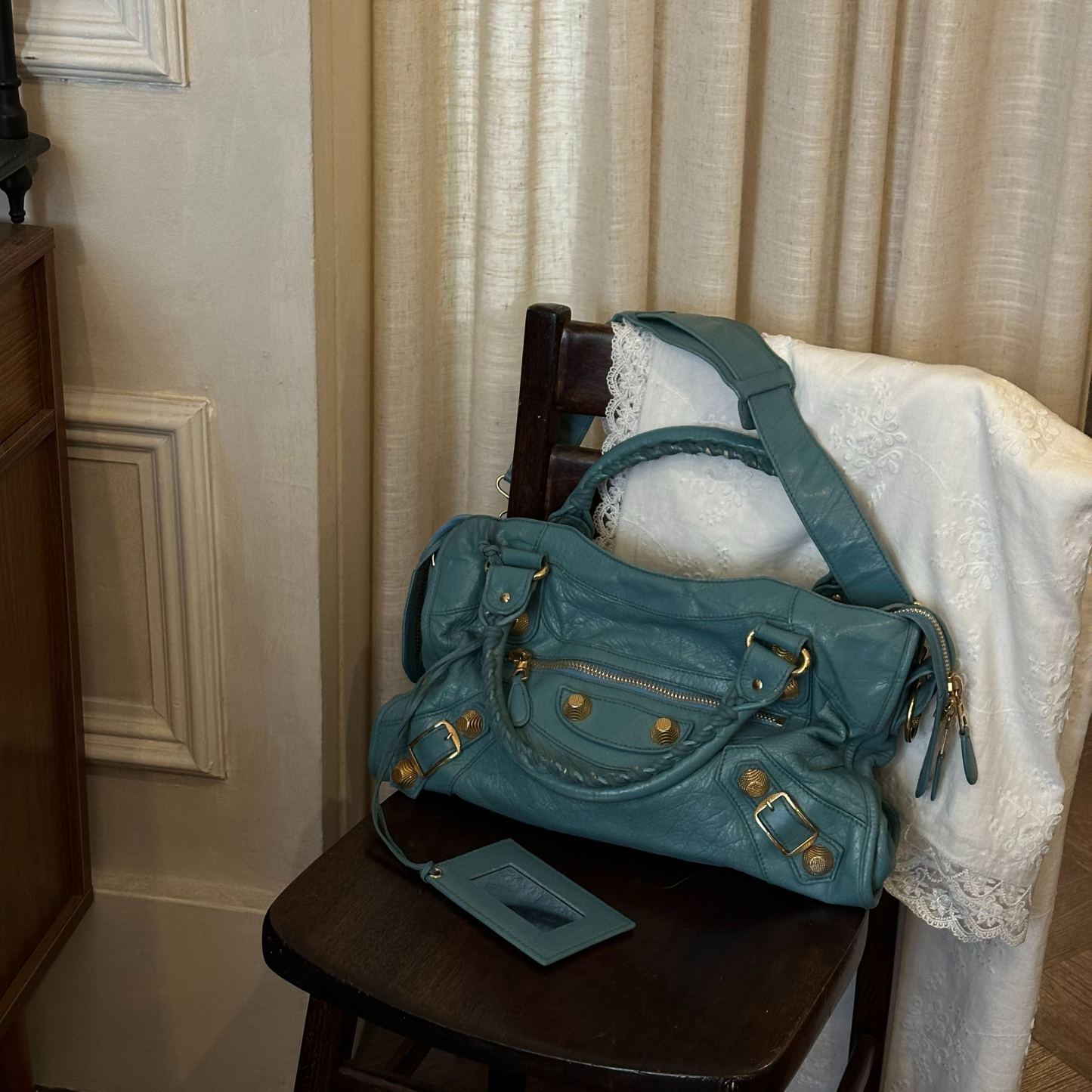 B Navy blue studded motorcycle bag