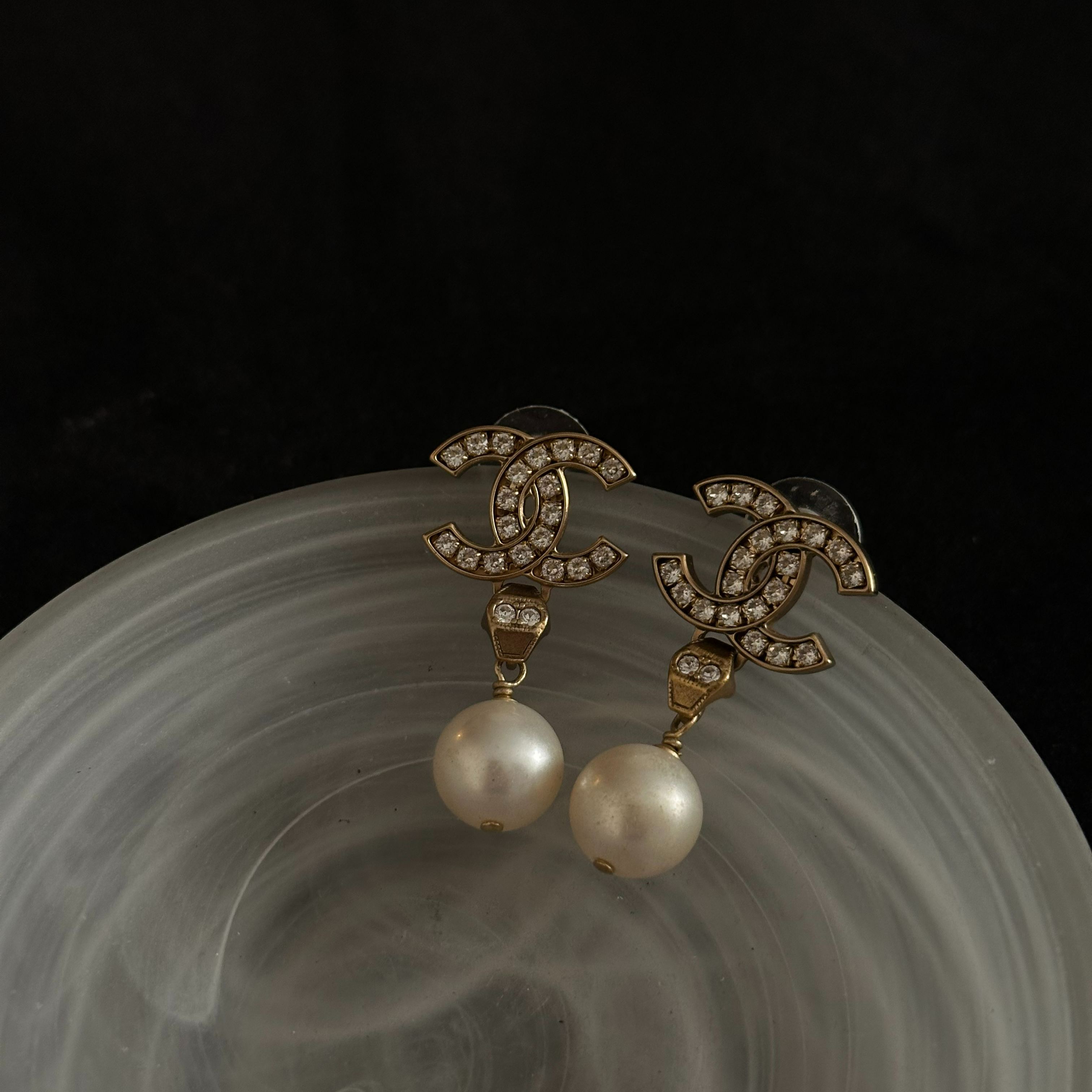 C Double C full diamond pearl pendant earrings