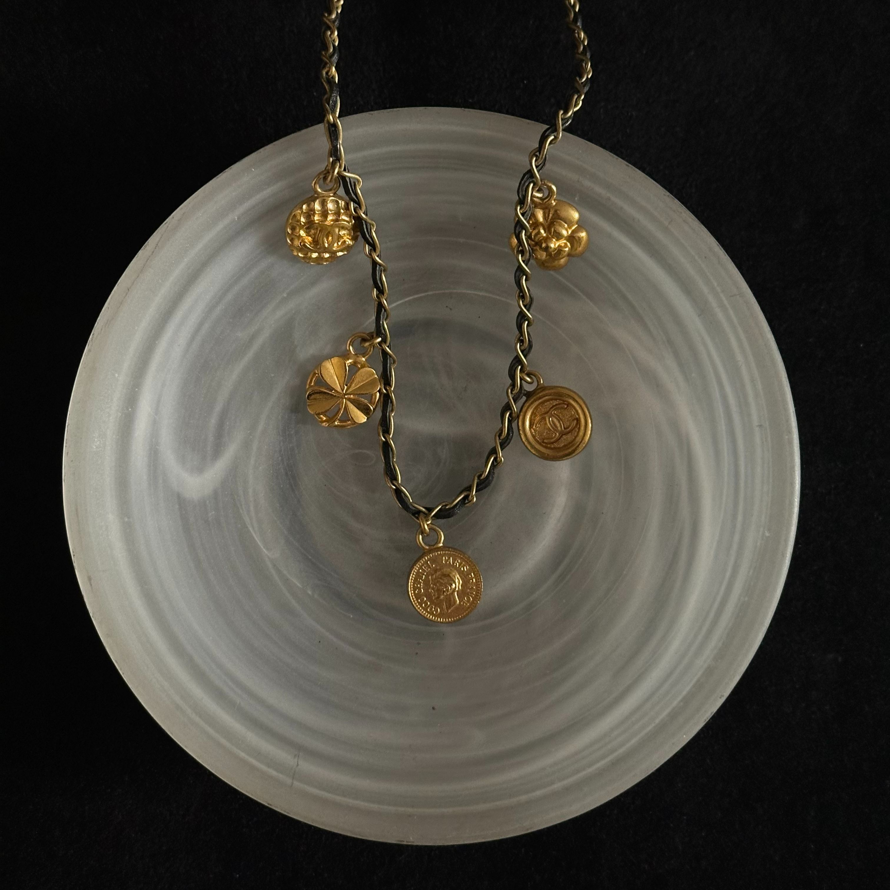 C Black gold leather coin necklace