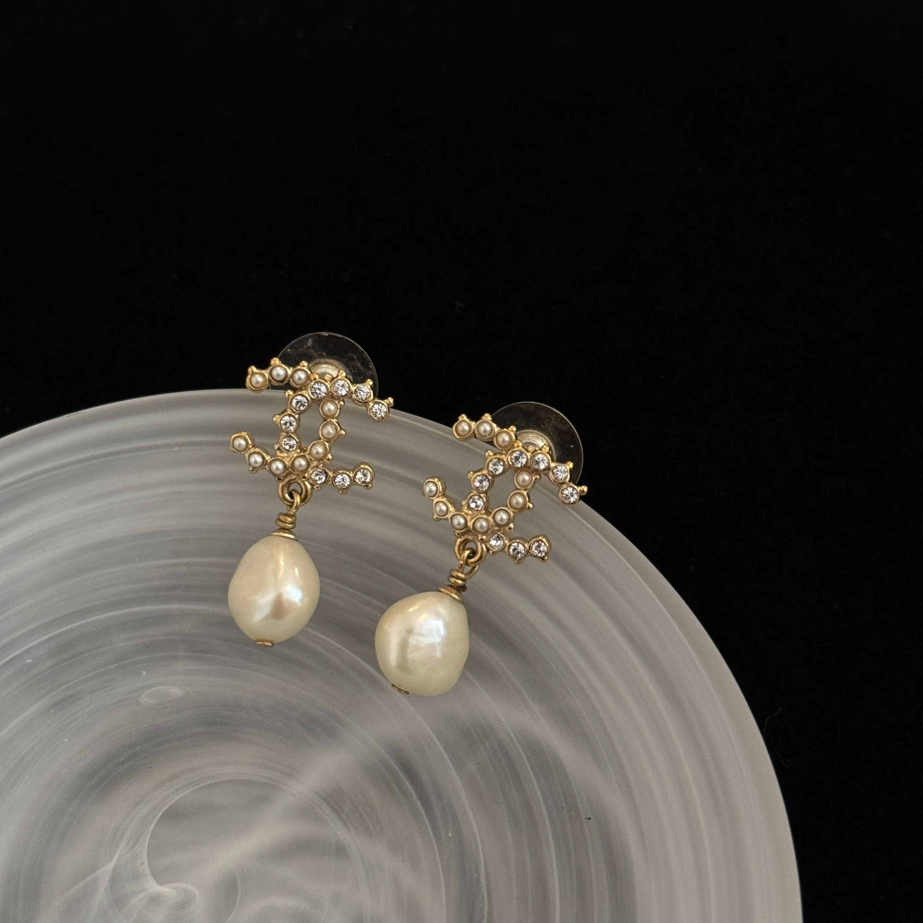 C Double C Pearl Rhinestone Pendant Earrings